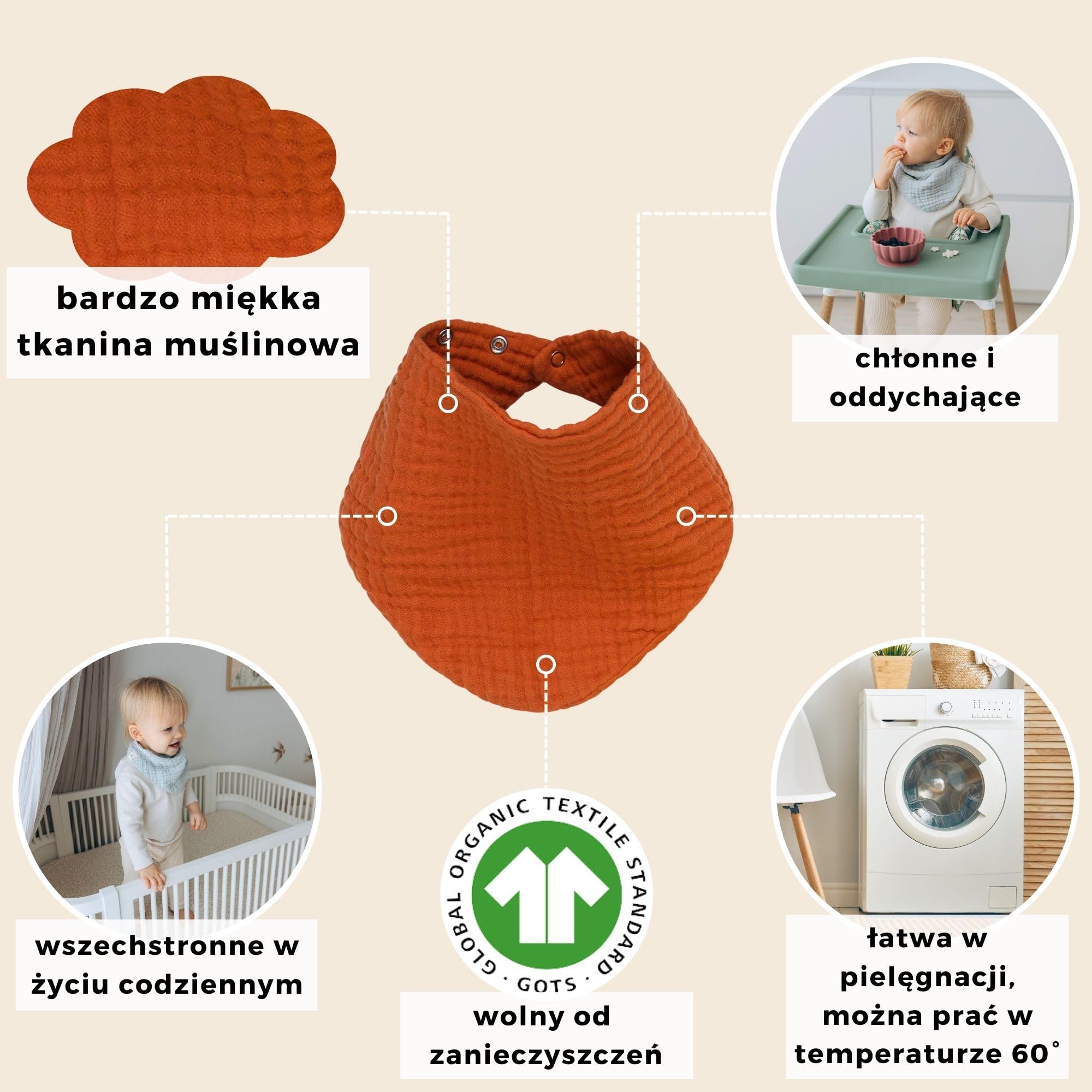 Śliniaki dla Niemowląt miękka tkanina muślinowa GOTS (Bawełna organiczna) | Bandany Noworodków + Dziecięce, Trójkątne Szaliki - chusta trójkątna niemowlęca zima + lato