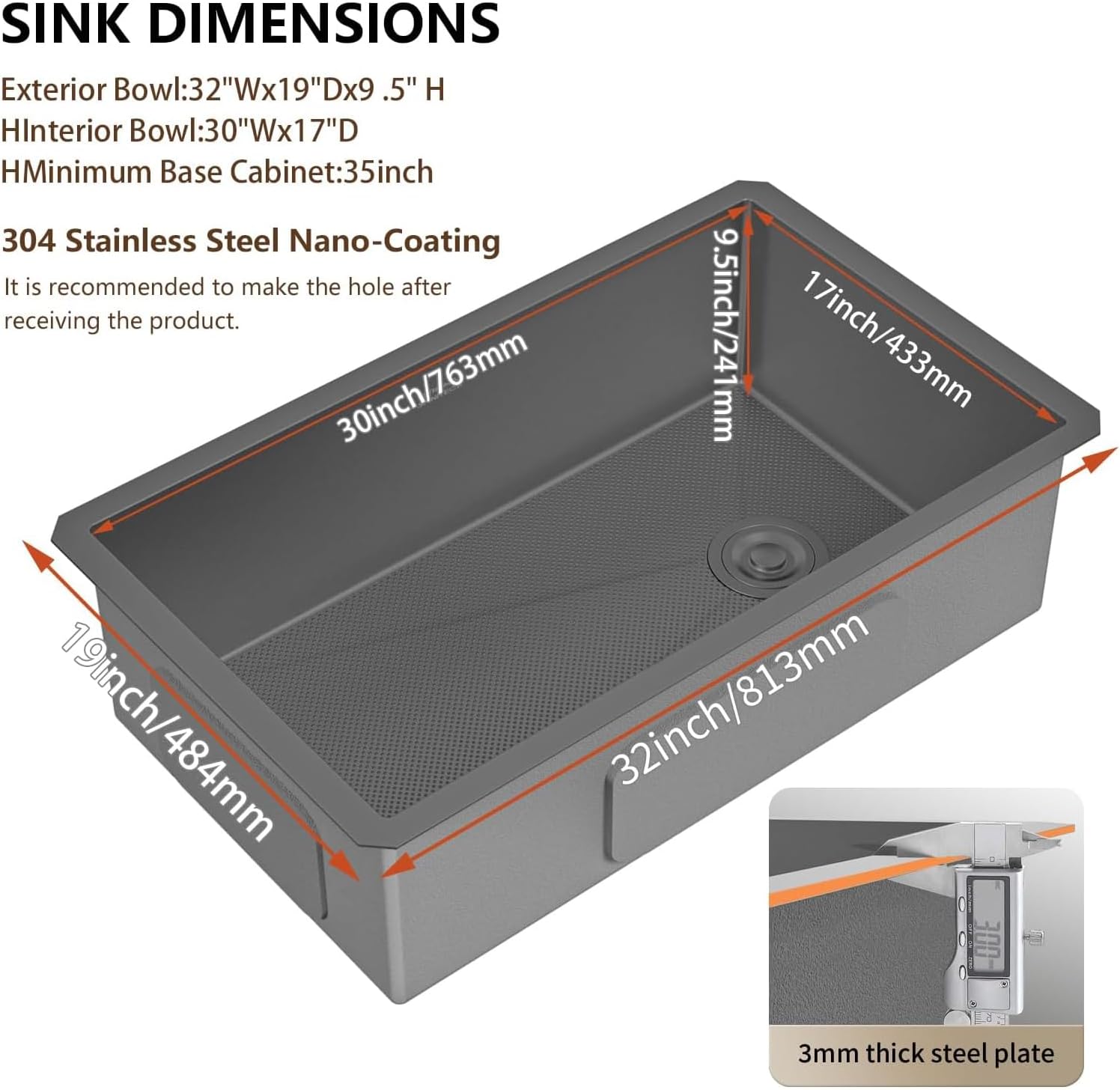 32 Inch Undermount Kitchen Sink, 304 Stainless Steel with Nano Coating, Single Bowl, Modern Design for Workstation, RV, Prep Kitchen & Bar, Drain Assembly Included, 32x19 Inch (Black)