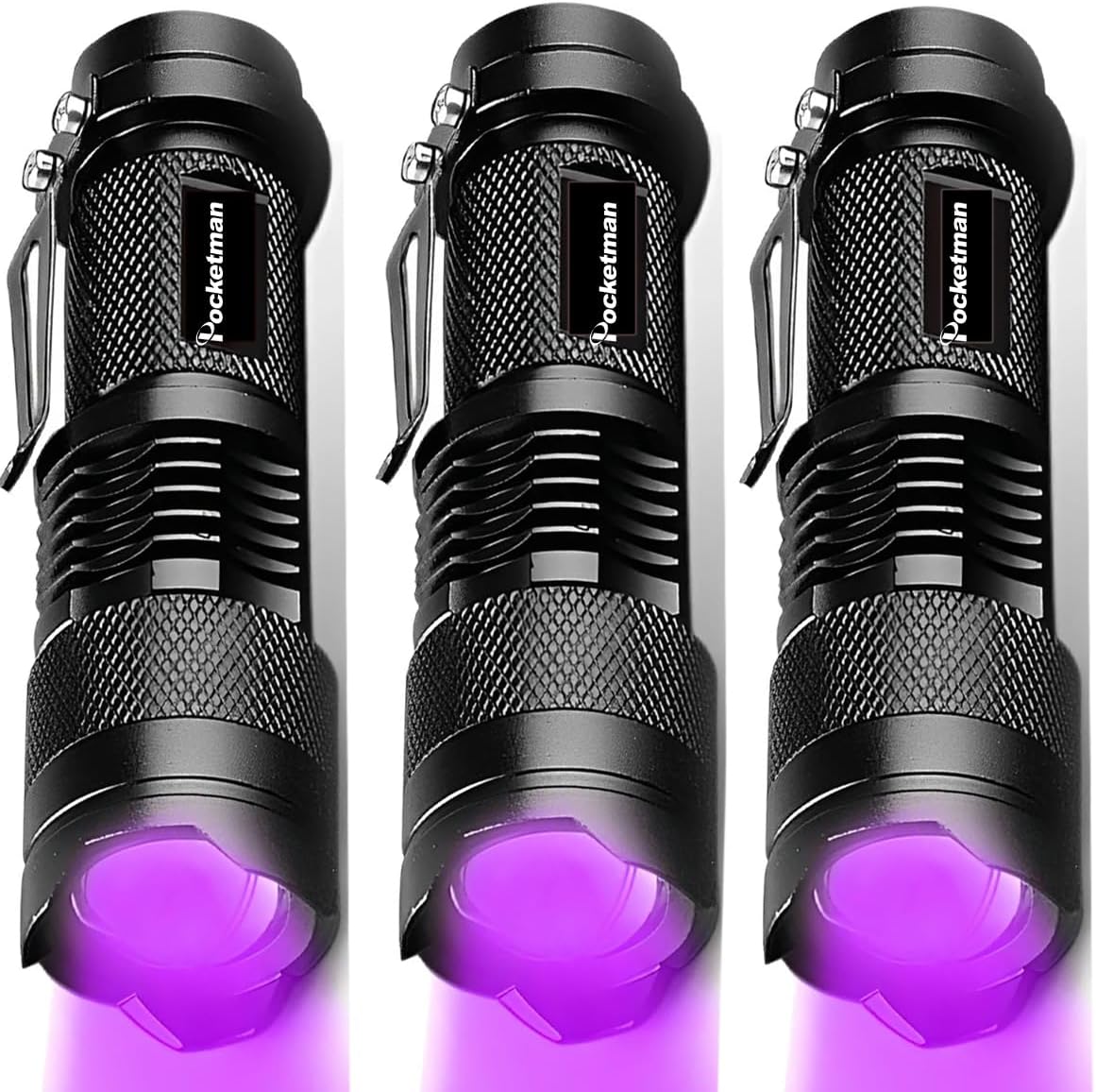 Pocketman One Mode LED Blacklights Flashlight 300LM 396nm Ultraviolet for Detecting Pet Dog Stains Checking Passport Money (3 Pack)