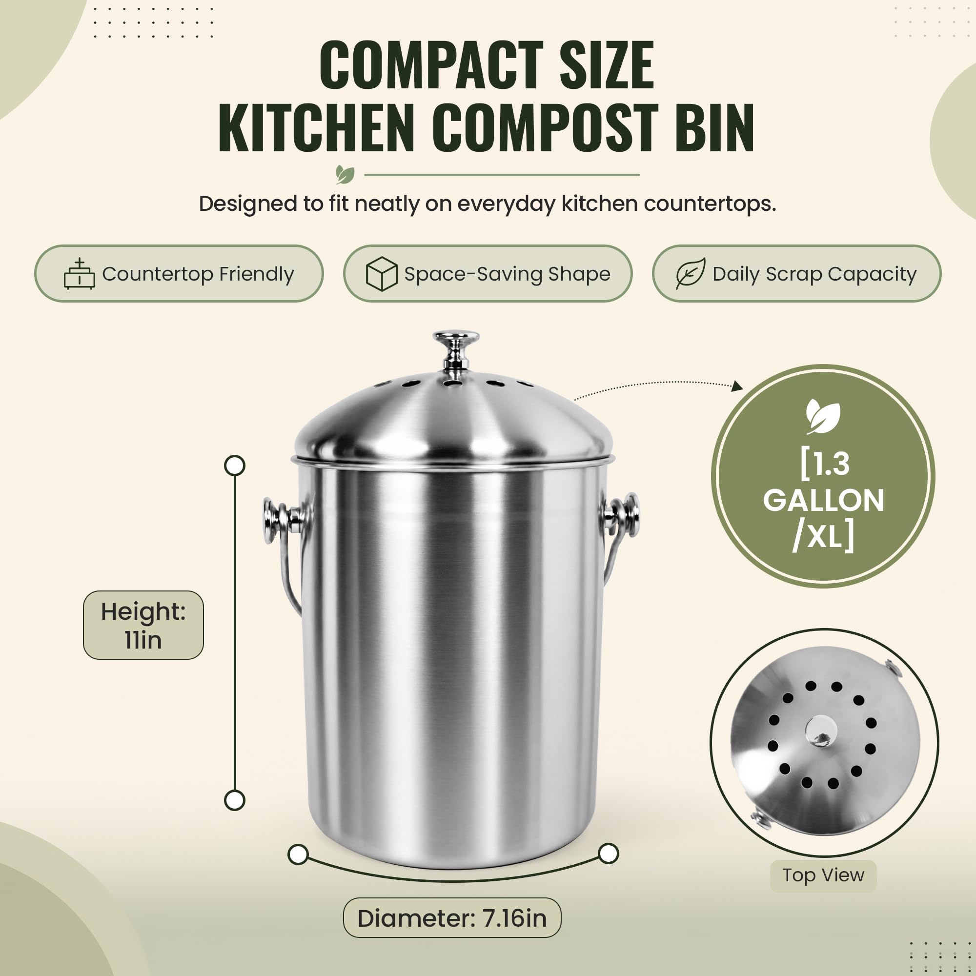 Epica, Secchio per compost da banco da cucina, 5 litri, inodore, con filtri a carbone, da interno, con coperchio, compostiera in acciaio inox per avanzi di cibo e riciclaggio dei rifiuti