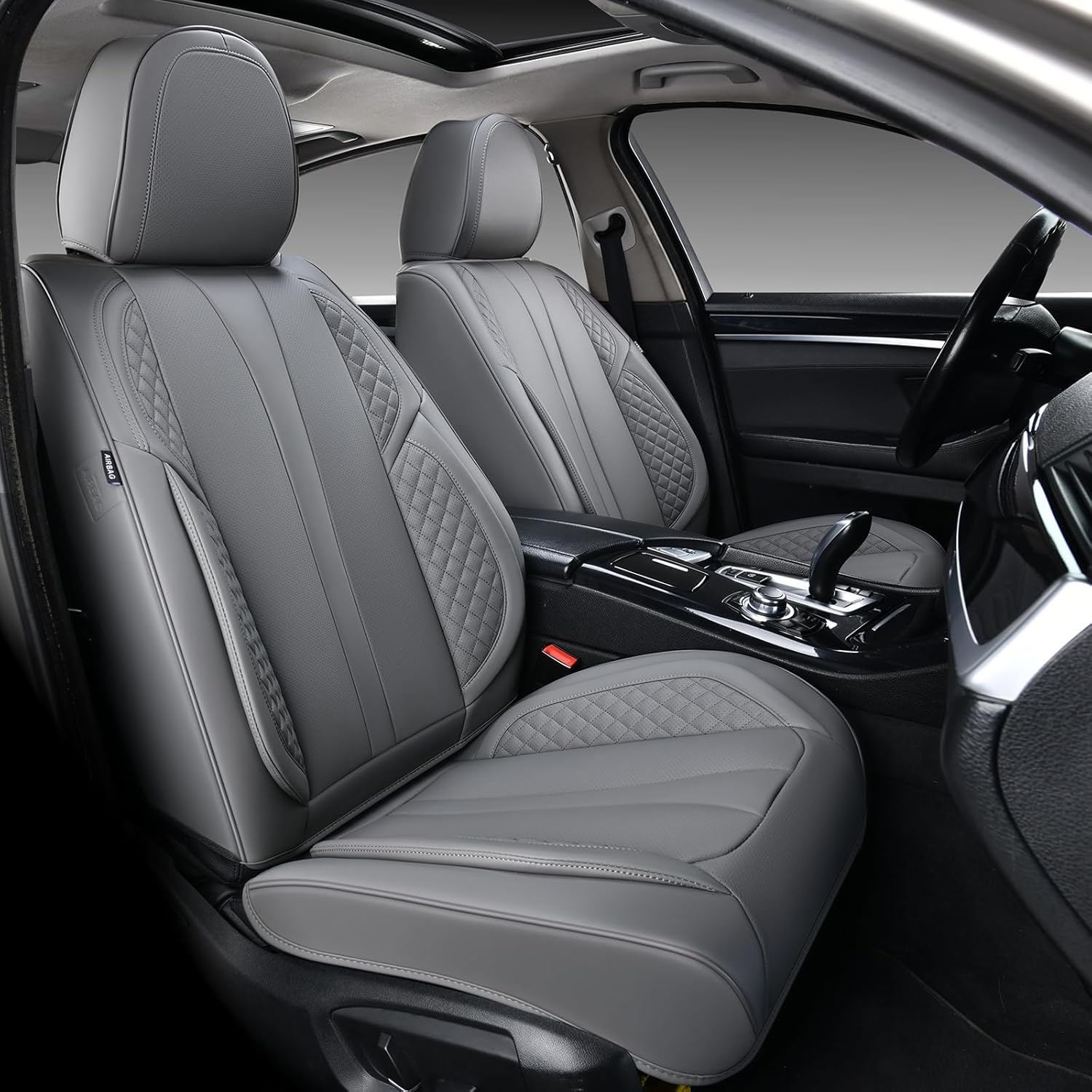 KEYOOG 2-Seater Car Seat Covers Full Set Waterproof and Breathable Nappa Leather, Fit for Front Seats of Cars, Compatible with Airbags, Car Seat Protector Covers for Most Cars - Grey Grey Front