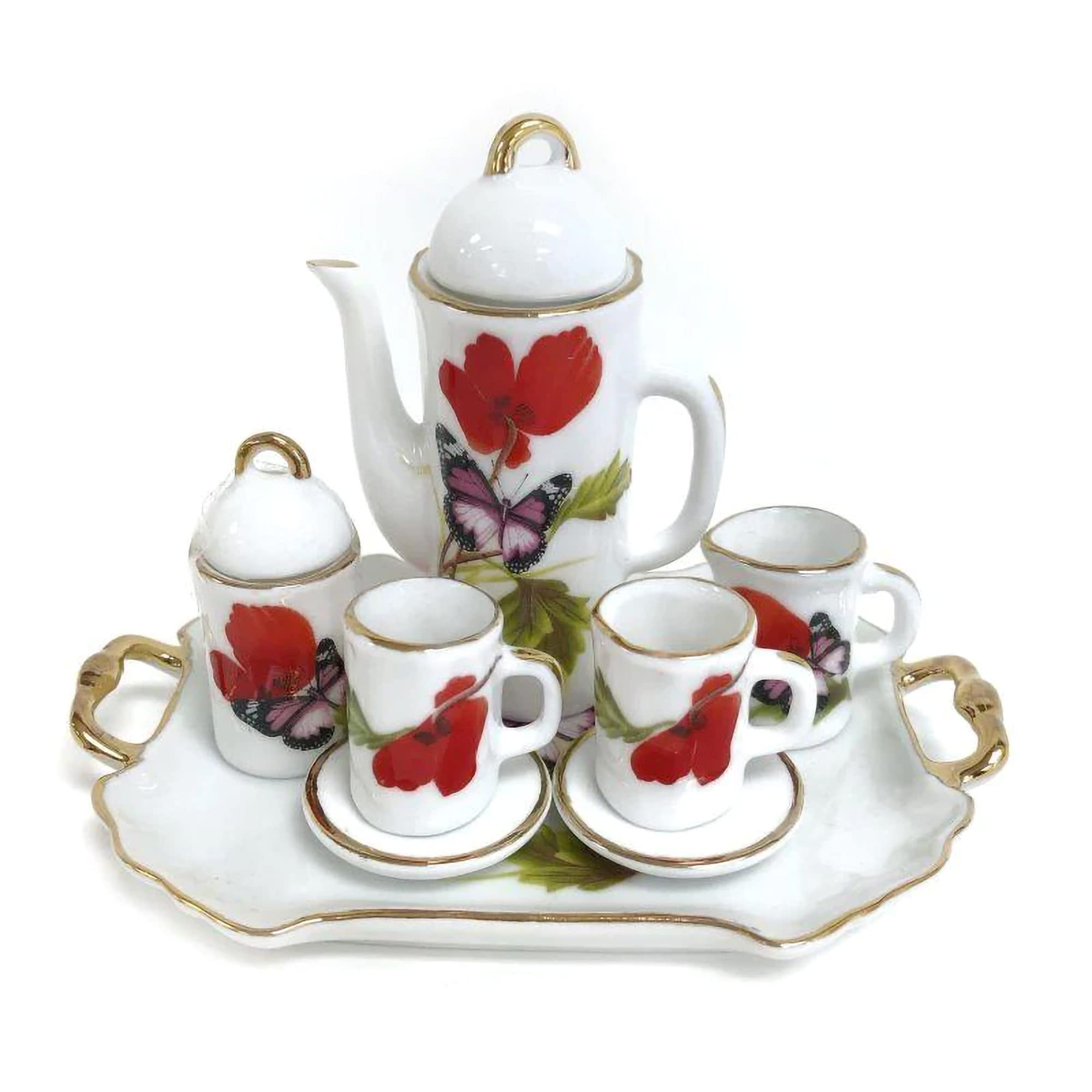 Tobin Tate Poppy Red and White Small Size Glossy Ceramic Mini Tea Set
