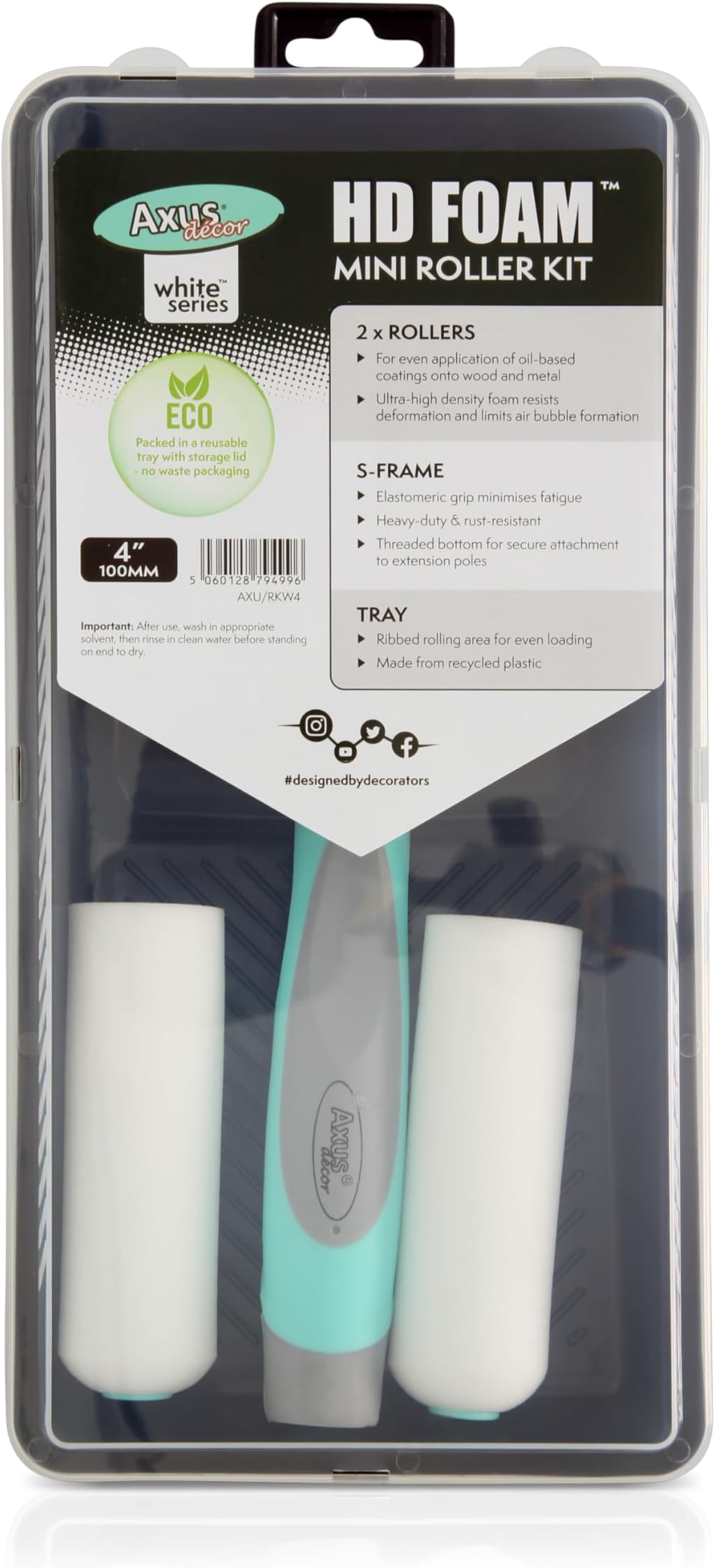 Axus Decor Hd Foam 5Pc Roller Kit (White Series) Paint Roller Sleeves (2 Pcs), with Paint Roller Tray & Frame, Roller Sleeves, Use with Oil Based Paints & Varnishes, for Professional & DIY - 4"/100mm