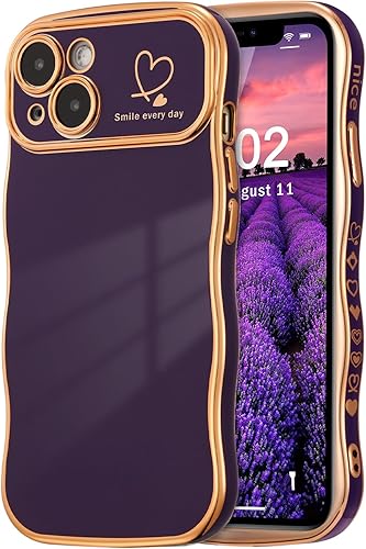 Miniatura 37 de ZTOFERA Funda para iPhone 14 de 6.1 pulgadas, Linda Funda con Marco de Ondas Rizadas con Patrón de Corazones, Borde Chapado de Lujo, Funda de