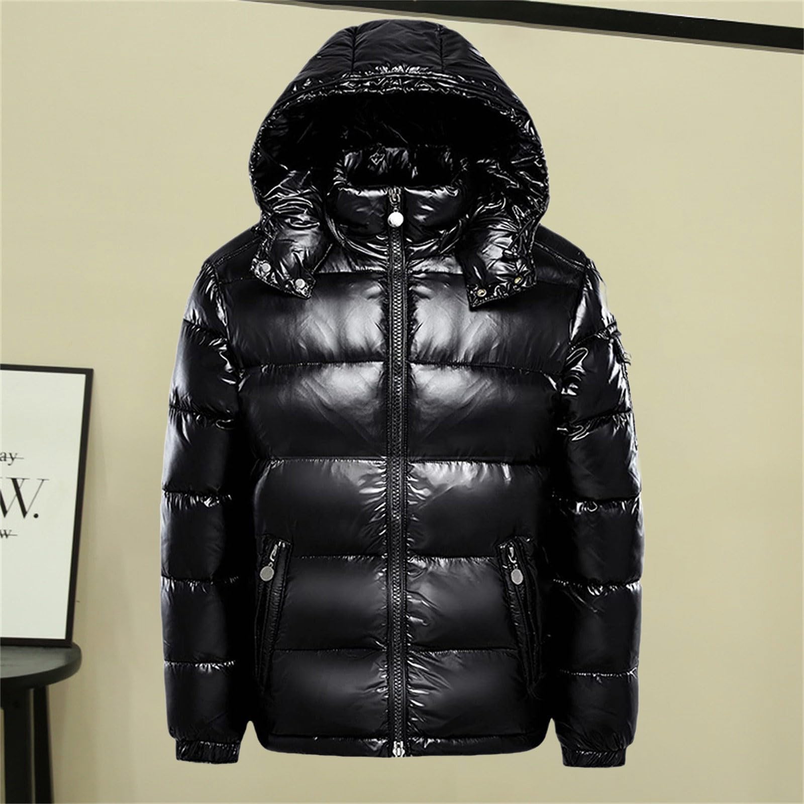 Veste Puffer pour femme - Doudoune brillante - Veste d'extérieur chaude - Manches longues - Veste matelassée - Couleur unie - Hiver - Neige - Avec capuche - Fermeture éclair - Métal brillant