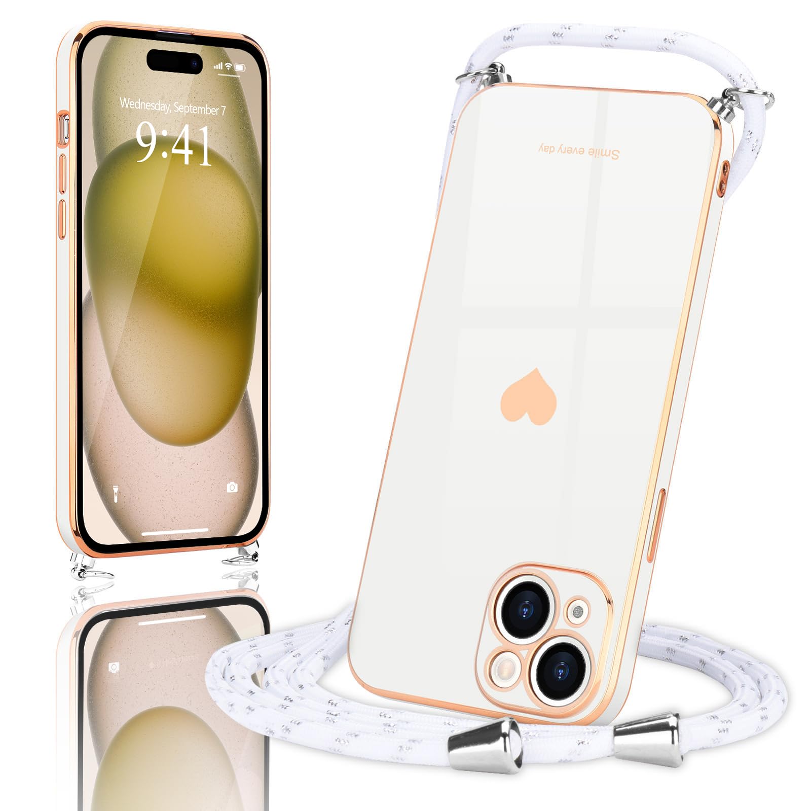 Custodia IPhone 15 Con Cordino - Cover Silicone Regolabile, Protezione Fotocamera, Design Cuore, Verde Scuro - Foto 12