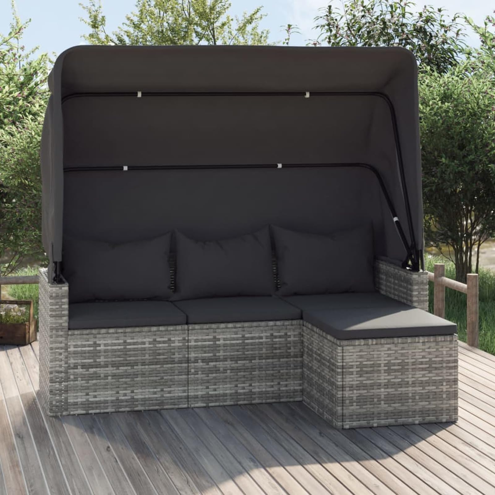 ZEYUAN Divano Giardino 3 Posti Tetto e Poggiapiedi Grigio Polyrattan,Divano da Giardino,Divanetto da Giardino Esterno-362335