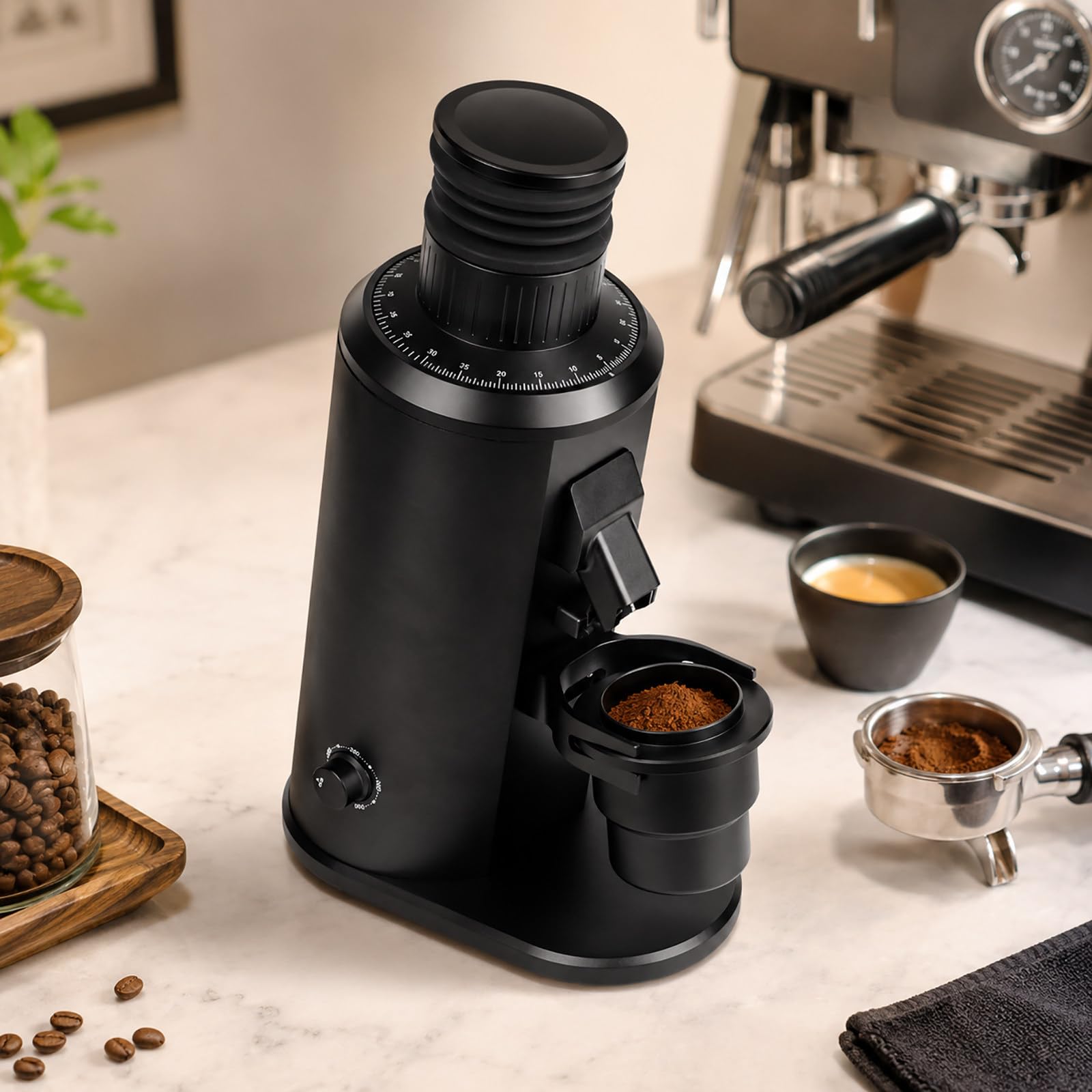 vnmudzeo Espresso Grinder with 58mm Portafilter Fork - 80mm Flat Burr Coffee Mill, 0-100 Stepless Adjustment, Variable Speed and 70g Bean Hopper Black