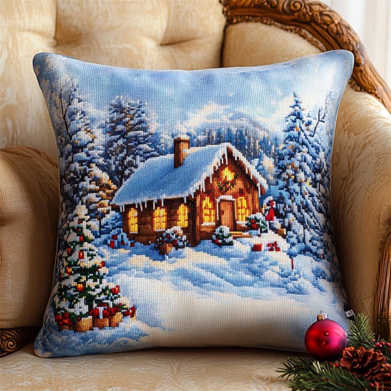 Cross Stitch Pillow Kit, Winter Cabin Snow Scene 11CT Cross Stitch Cushion Cover Embroidery Kit Pillow Cases Stitch Throw Pillow Handmade Cushion Cover Home Sofa Decoration 18x18inch
