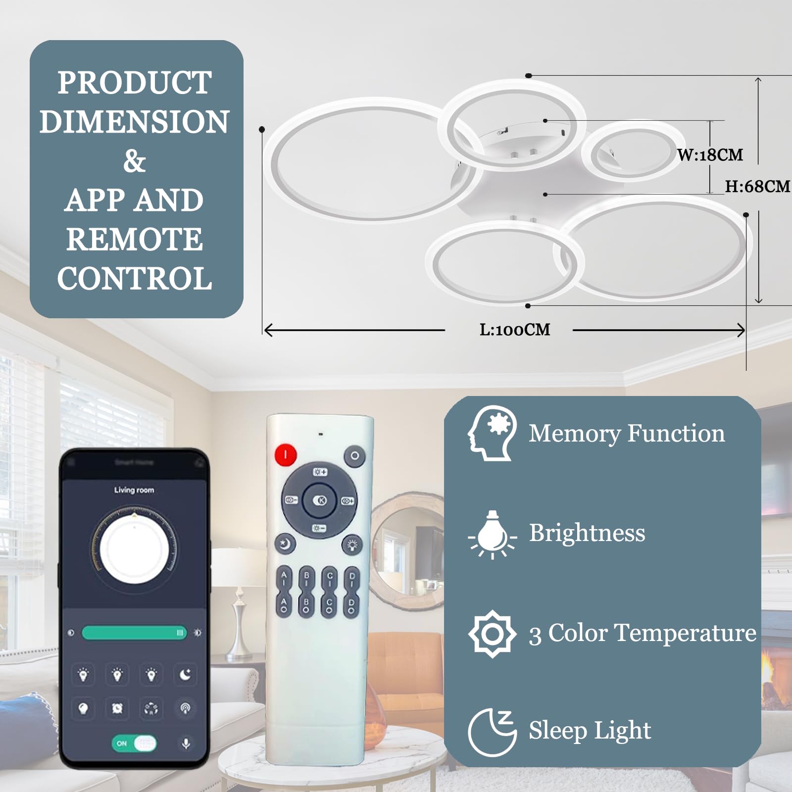 Rotondo Luce A Soffitto 100cm Moderno Smart Lampadario Tri-Color Led Dimmerabile Funzione Di Memoria Lampada Da Soffitto Con App E Telecomando 57w Luminoso Ciondolo Soggiorno Sala Da Pranzo