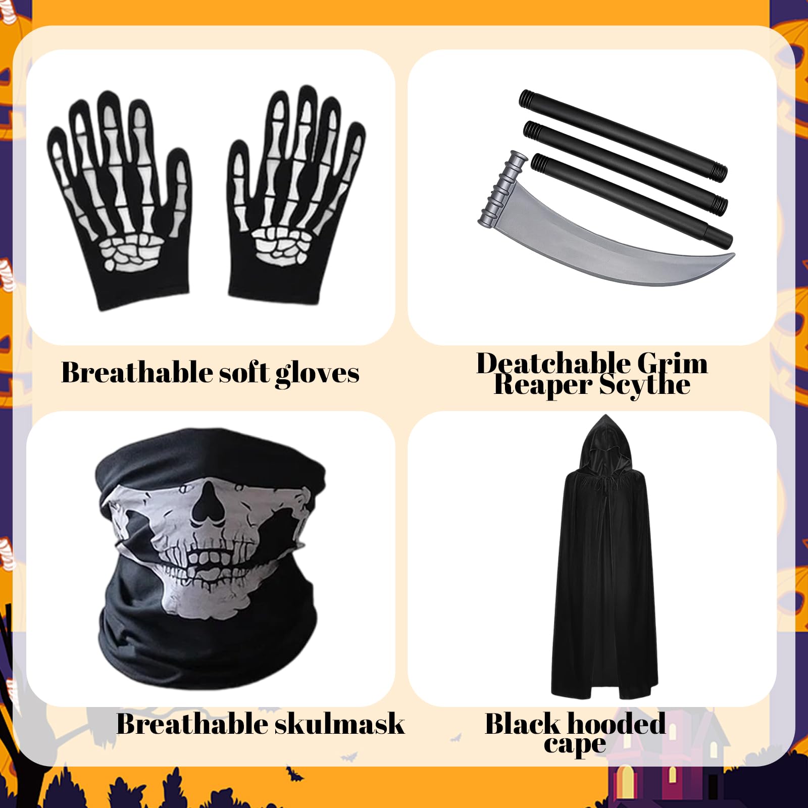 5 Pcs Grim Reaper Costume, Halloween Costume Set including Black Cloak, Skeleton Mask, Gloves, Scythe and Lace Eye Mask - Image 4