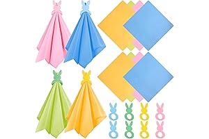 12 Set Easter Cloth Napkins with Wood Bunny Napkin Ring
