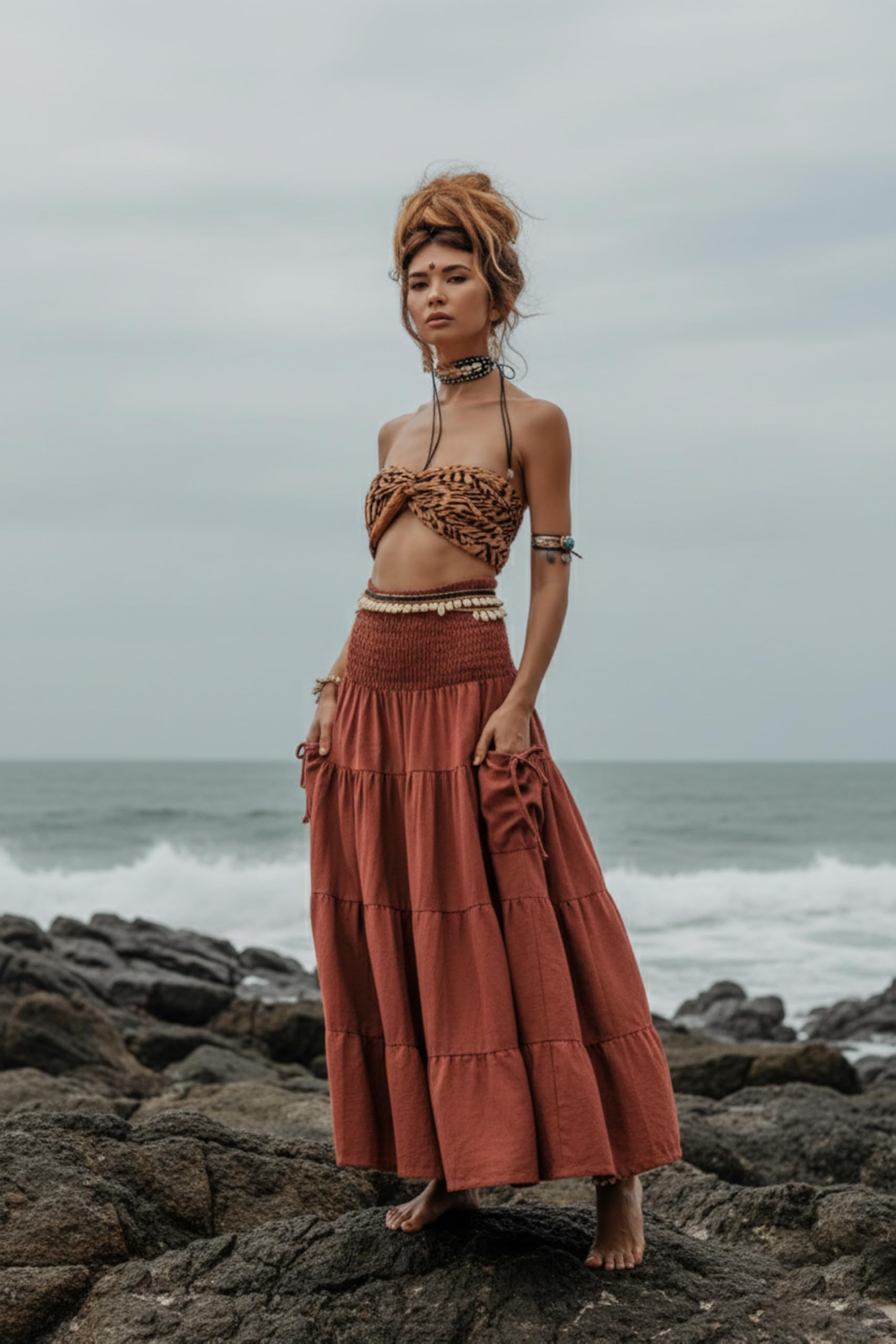 Thaluta Maxi-Boho-Rock, lange Taschen, Baumwolle, Hippie, Bohemian-Stil, elastische Taille, Zigeuner-Rock