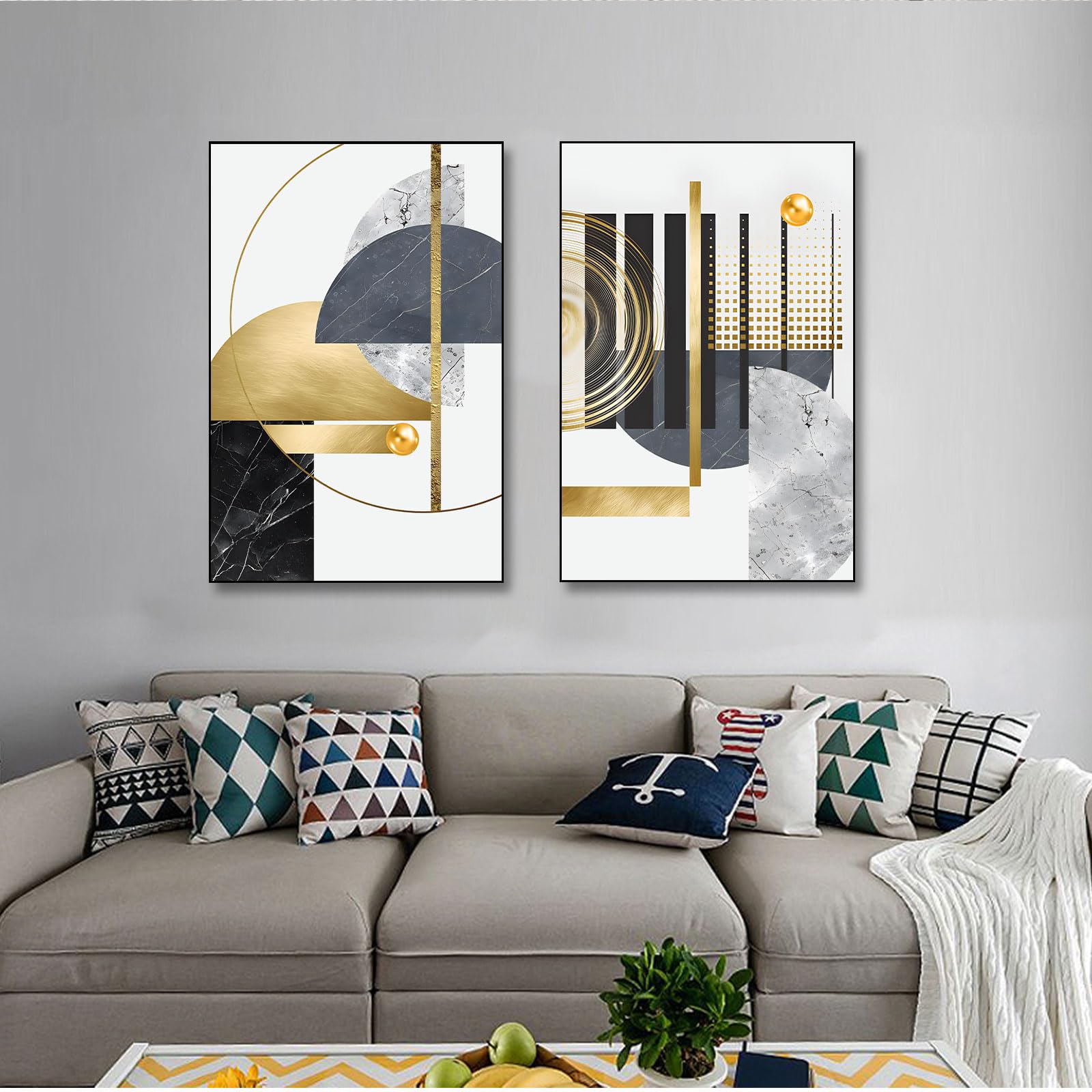 BNREDA Juego de 3 pósteres abstractos de geometría, cuadros en lienzo geométricos dorados, modernos líneas geométricas, pósteres artísticos, decoración de pared, sin marco (B, 50x70cm*3, Sin marco)
