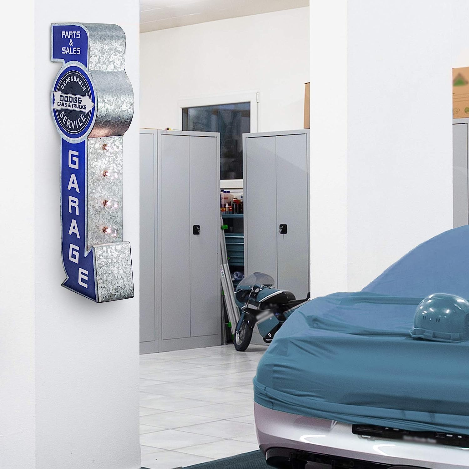 Dodge Parts Service Garage Reproduction Vintage Advertising Sign - Battery Powered LED Lights, Double Sided Metal Wall Mounted - 9 x 24 x 4 inches