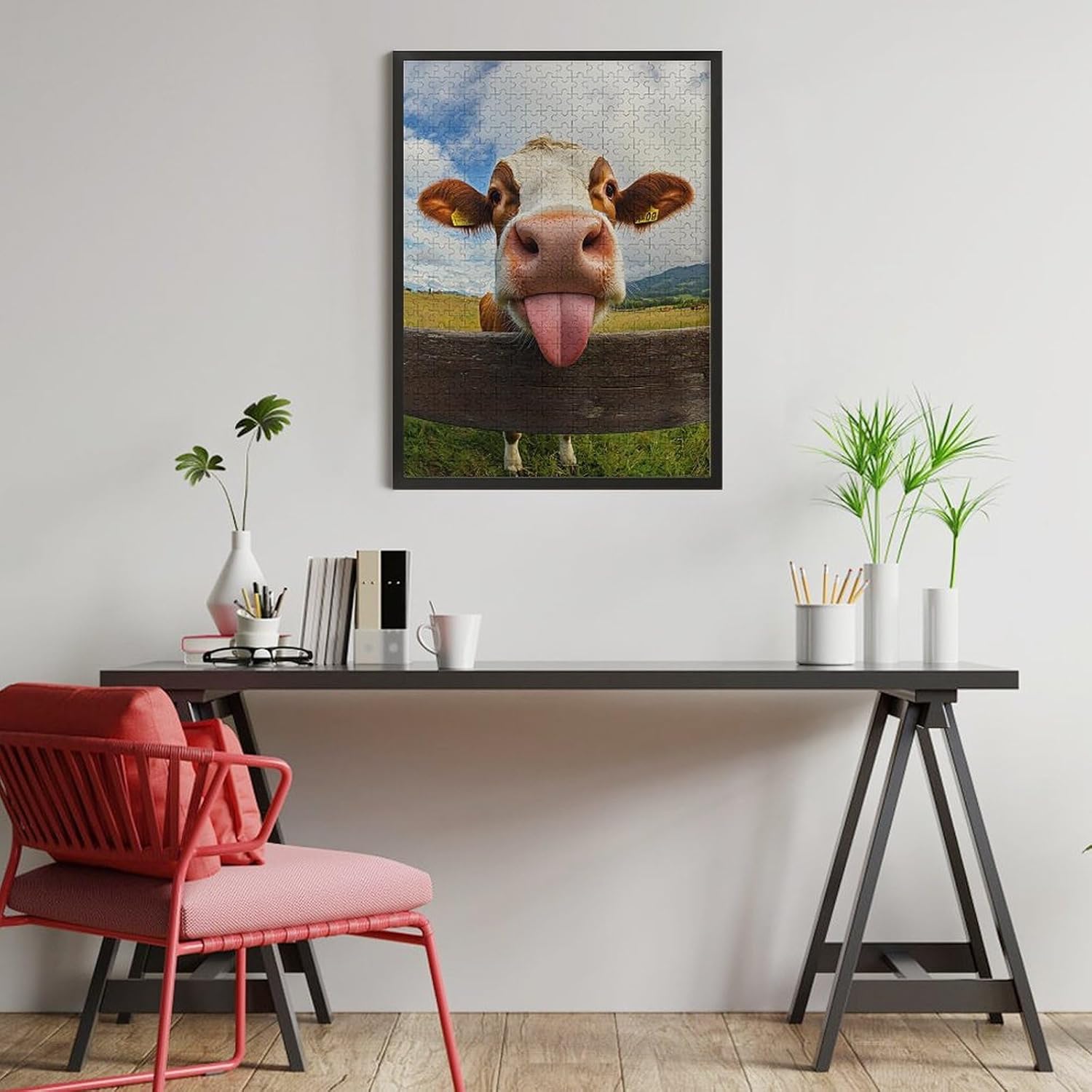 Cow Funny Tongue Funny Wooden Jigsaw Puzzle Vertical Picture Puzzles Gifts for Women Men 300/500/1000 Pieces