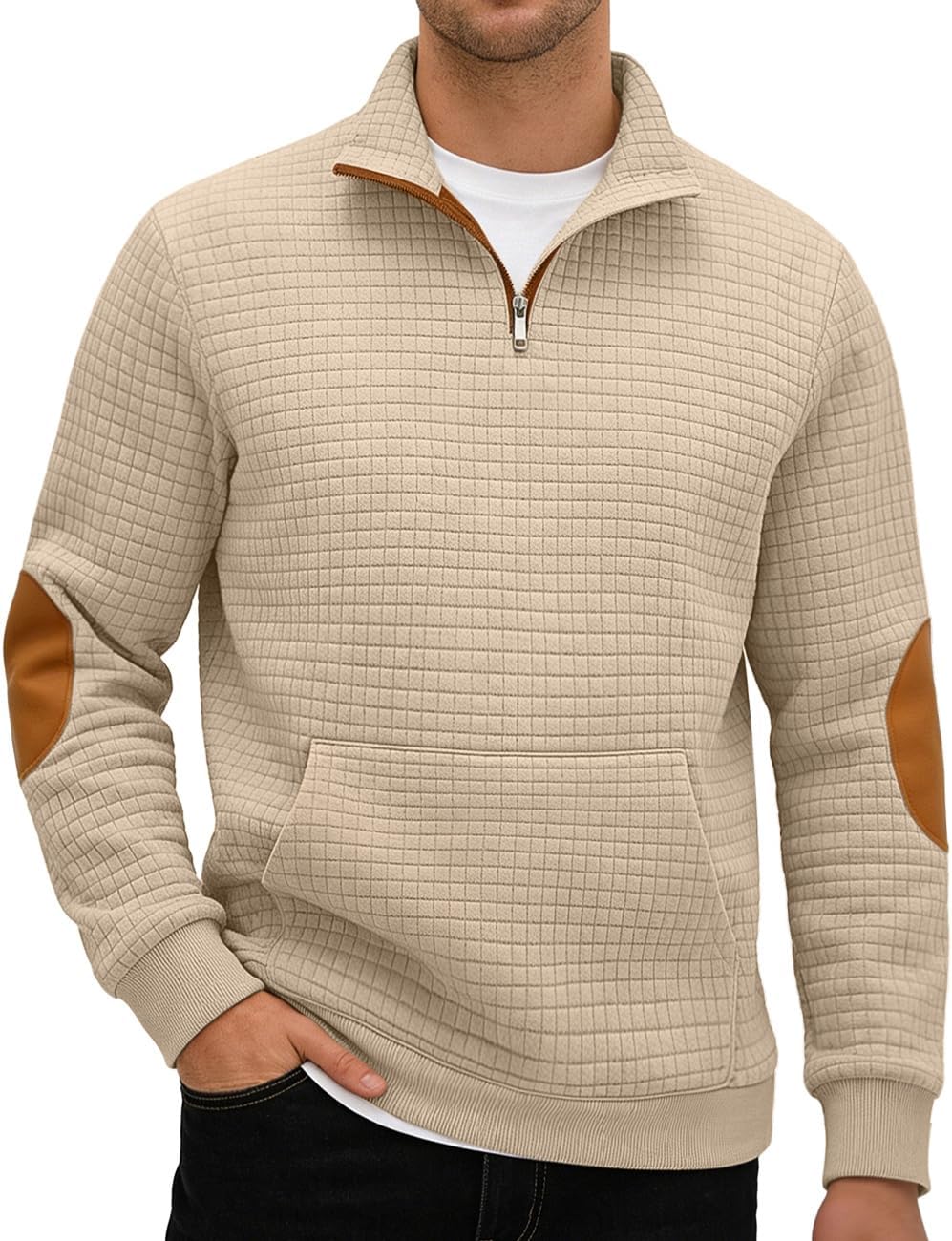 QOSOQ Mens Sweatshirt Casual Stand Collar Quarter Zip Pullover Fall Waffle Sweaters Long Sleeve with Pockets