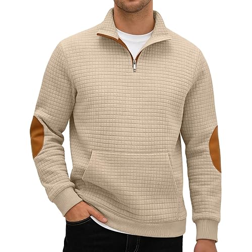 Mens Sweatshirt Casual Stand Collar Quarter Zip Pullover Fall Waffle Sweaters Long Sleeve with Pockets