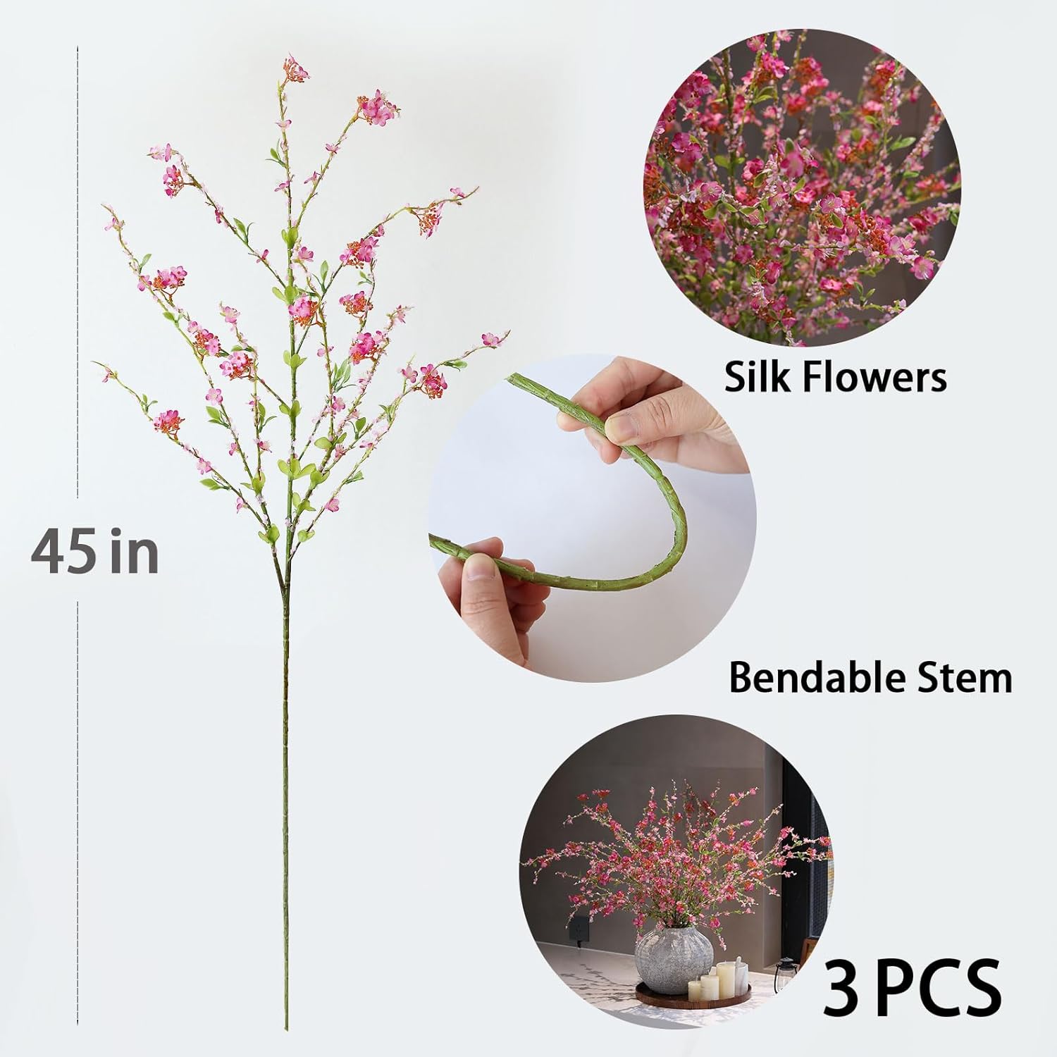 mizii 3Pcs 45" Artificial Cherry Blossom Branches Pink Fake Silk Cherry Blossoms Flowers with Long Stem for Wedding Decorations Table Centerpieces Vase Arrangement Home Decor (Pink) - Image 2
