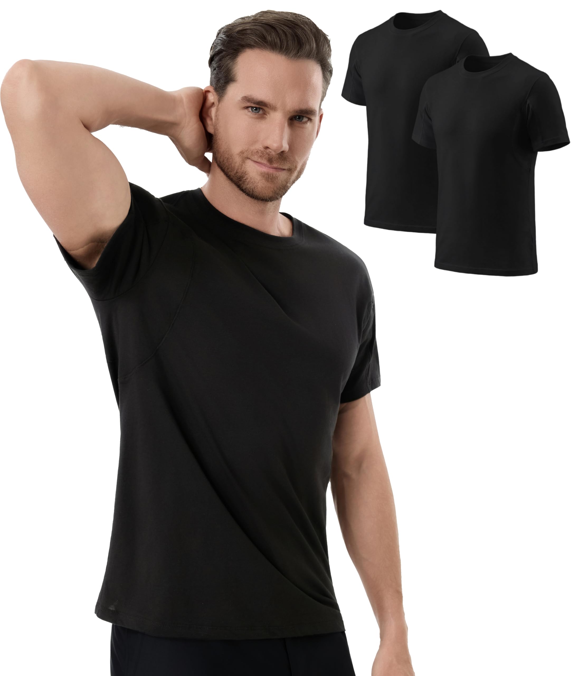 HANDOOS 2 Pack Mens Sweatproof Undershirts,Cotton Crew Neck Regular Fit Sweat Blocking T Shirts with Underarm Sweat Pads