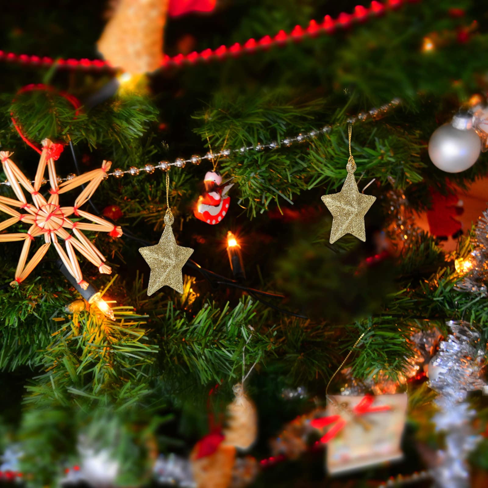 Zerodeko 30pezzi Stella Glitterata d Oro Forma di Stella Ciondolo Decorativo per Albero di Natale Decorazioni da Appendere per Albero di Natale
