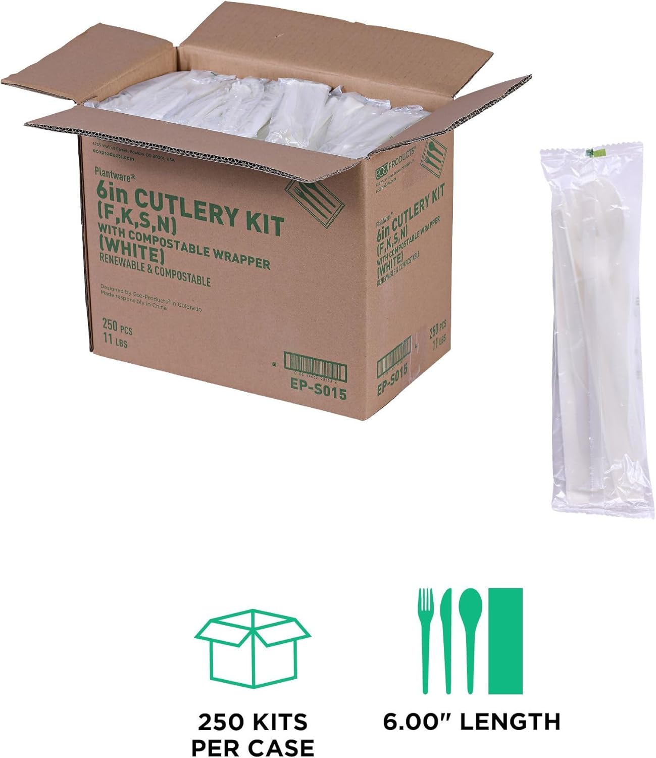 Eco-Products Compostable CPLA 6" Plastic Utensil Set, Wrapped Plantware Cutlery, Case of 250, White Disposable Knife, Fork, Spoon, and Napkin, Renewable Material Made from Plants, Sturdy and Strong