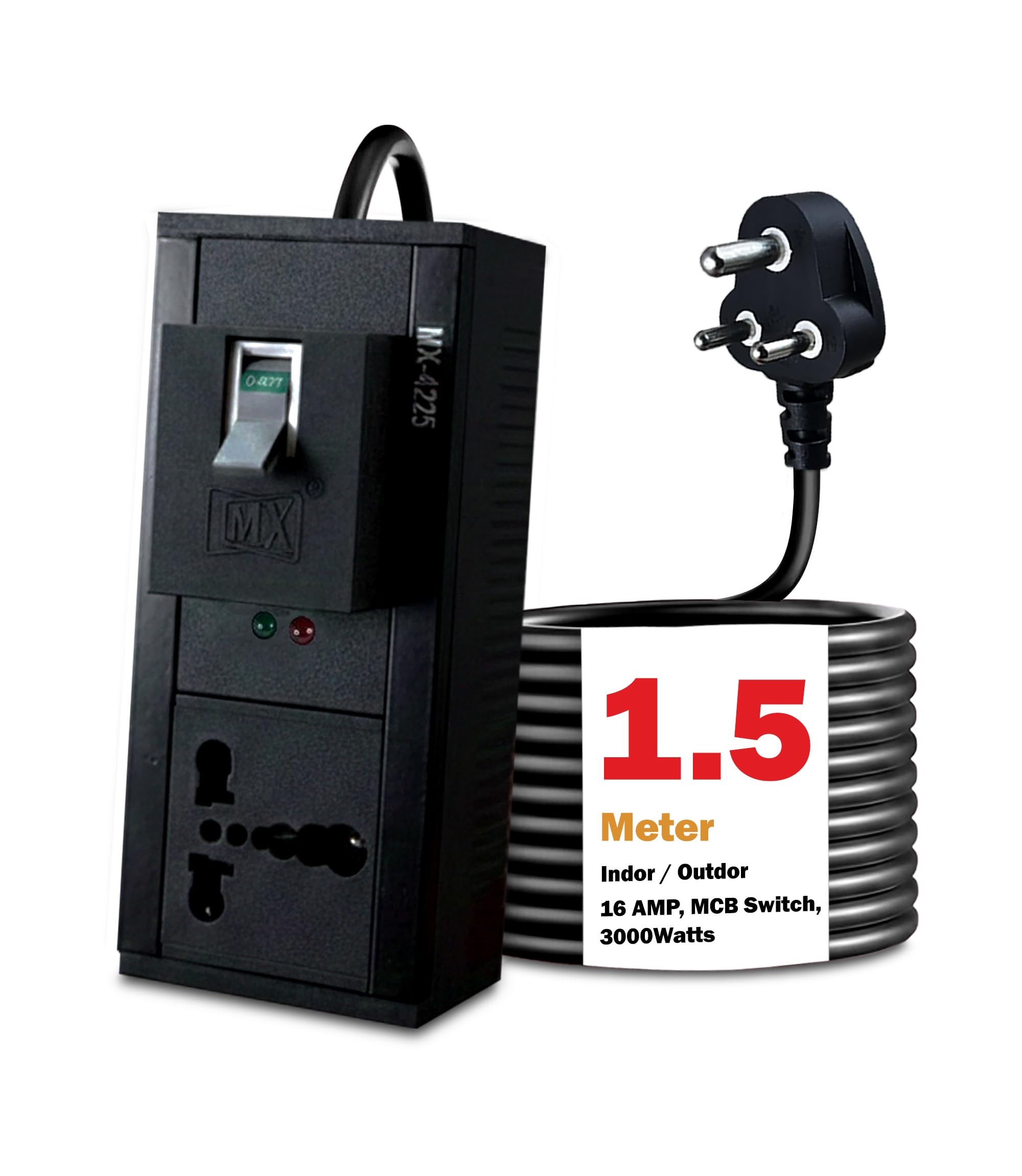 MX 16 amp Extension Cord Single Socket Extension Board 6amp - 16amp to 5amp Plug Heavy Duty Power Cord 1.5 Meter (3000W) with 32amp MCB Switch (0.75 Sq.mm ISI Marked) AC Line Fault Detector-picture-38