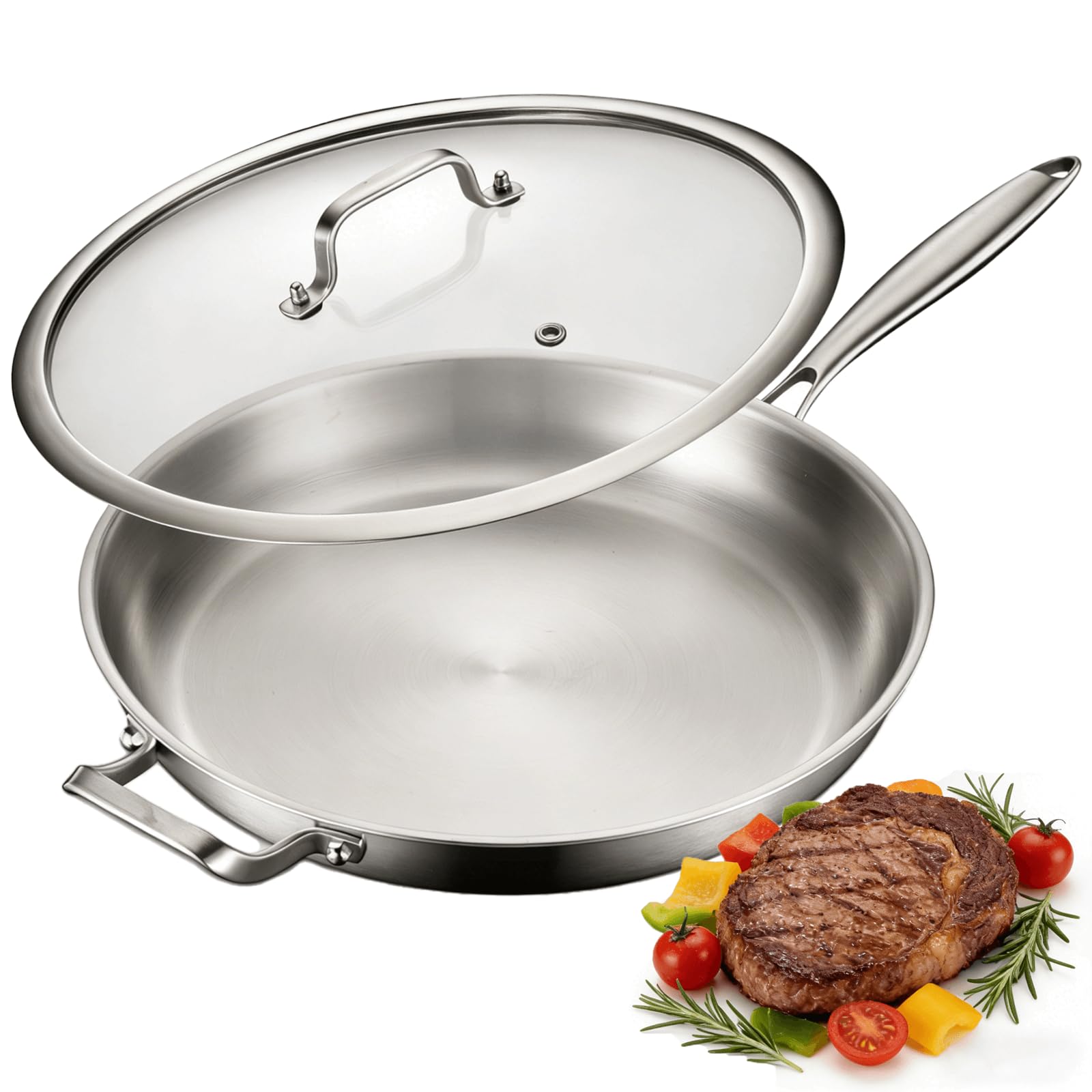 Nontoxicook Stainless Steel Pan 36 cm, PTFE & PFOA Free, 14 Inch Frying Pan, Non Toxic Skillet with Lid, Oven Safe Up to 315℃, Stainless Steel Cookware, Fast Even Heat, Large Cooking Surface