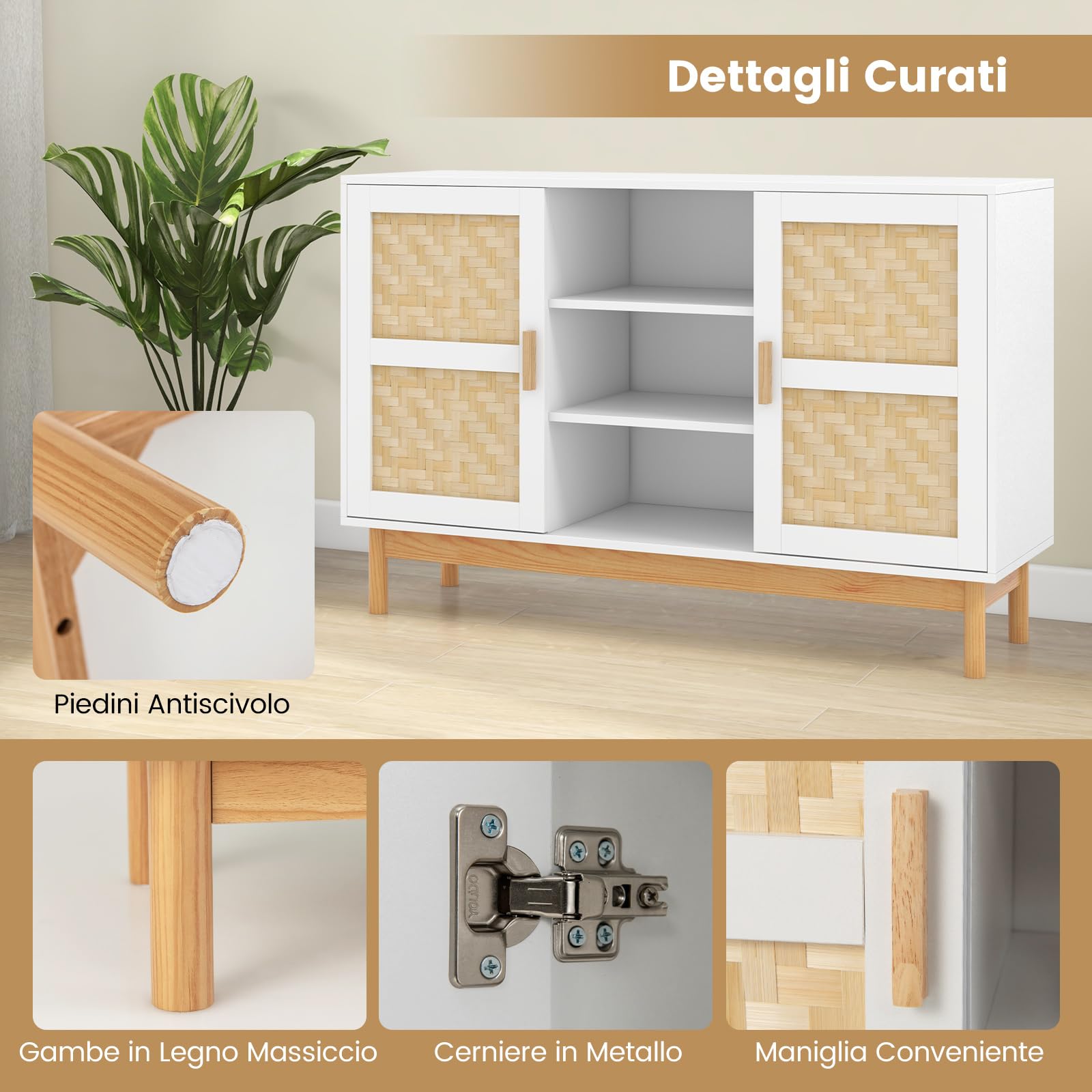 COSTWAY Credenza Buffet da Cucina, Mobile da Cucina con 2 Porte Intrecciate in Bambù, 3 Ripiani Aperti, per Cucina, Sala da Pranzo, Soggiorno e Ingresso, 120 x 35 x 78 cm