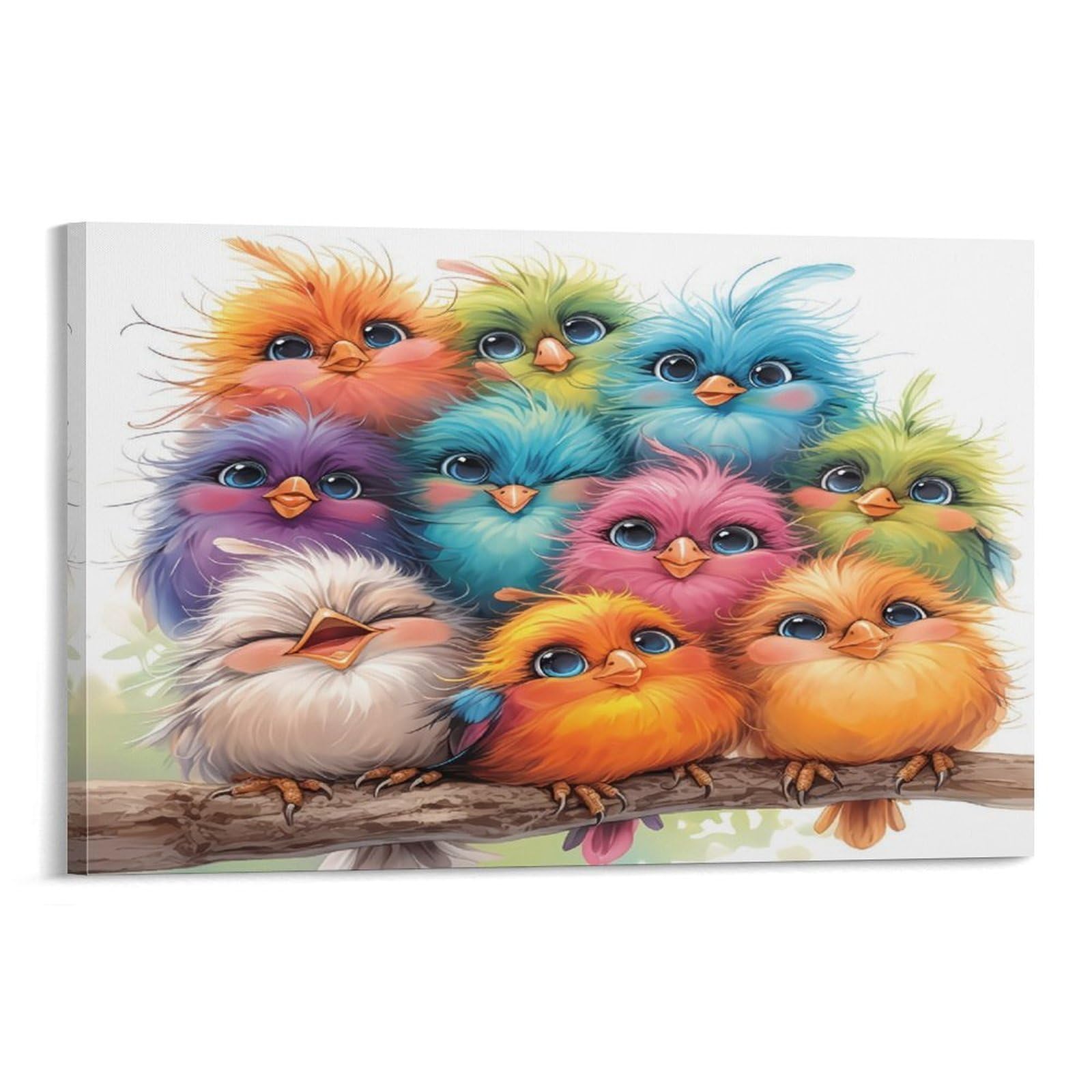 CPLVKWRQJ Cute Colorful Birds 1 Piece Fluffy Colorful Birds Wooden Branch Framed Canvas Print - Living Room Focal Point Fade Resistant Ready to Hang Wall Art 12x18inch(30x45cm)