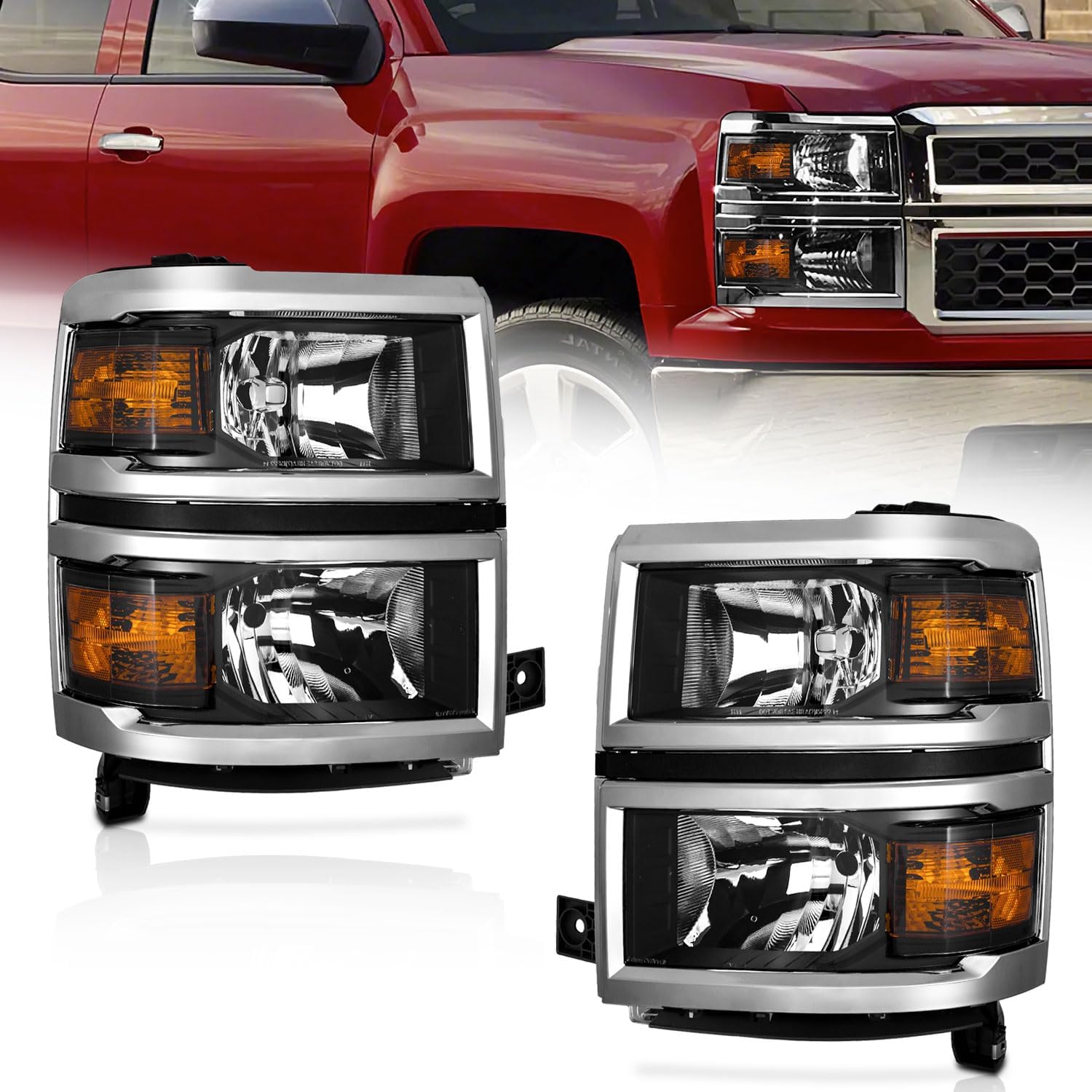WEELMOTO Headlights Pair 2014-2015 for Chevy Silverado 1500,for 14-15 Chevy Silverado 1500 Headlamp Black Housing Amber Reflector Left+Right Side
