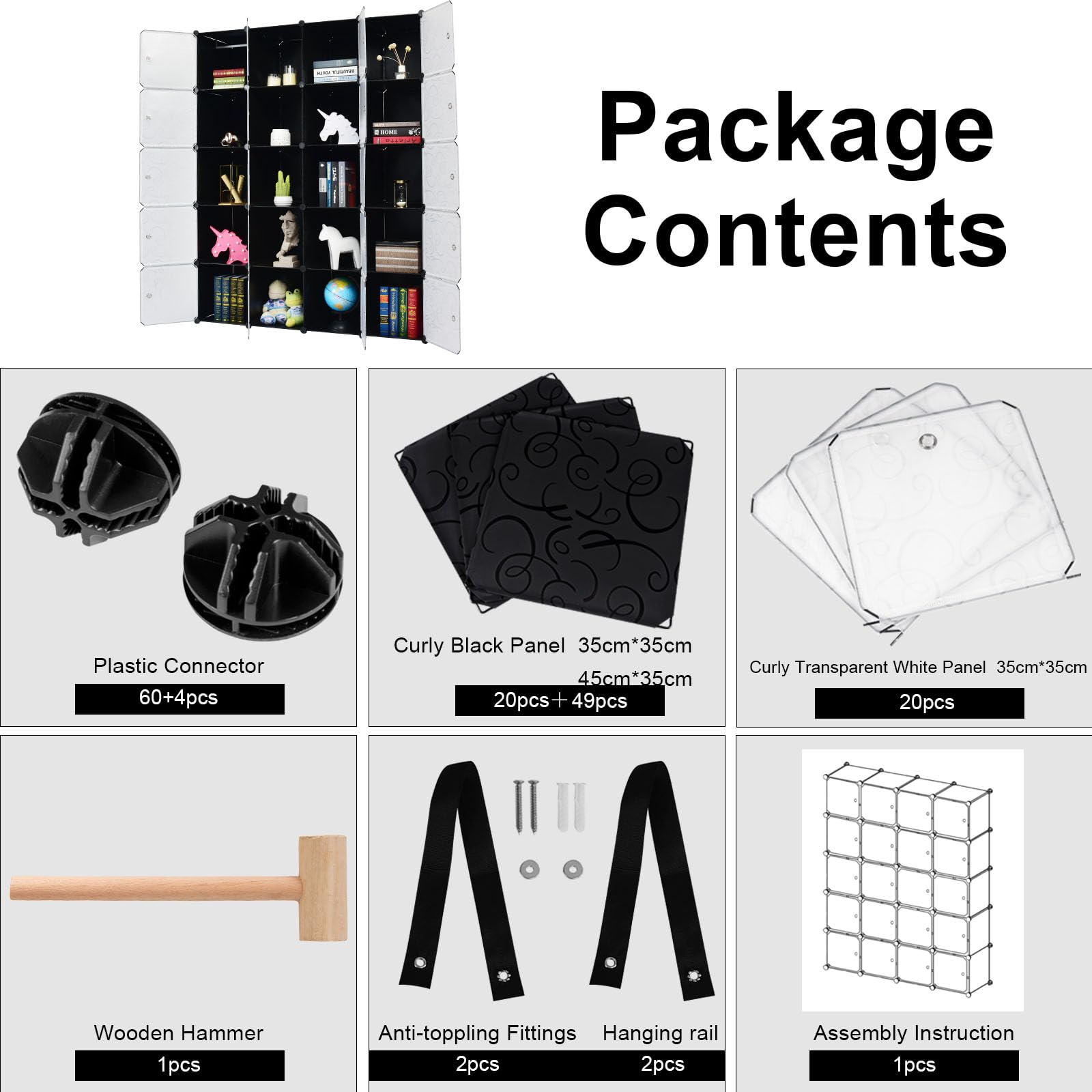 HOMASIS Armario Modular de 20 Cubos con Puerta, Estantería apilable DIY de plástico, Estantería enchufable con Conectores y Martillo de Metal para Ropa, Zapatos, Juguetes, Libros, 140x45x175cm, Negro