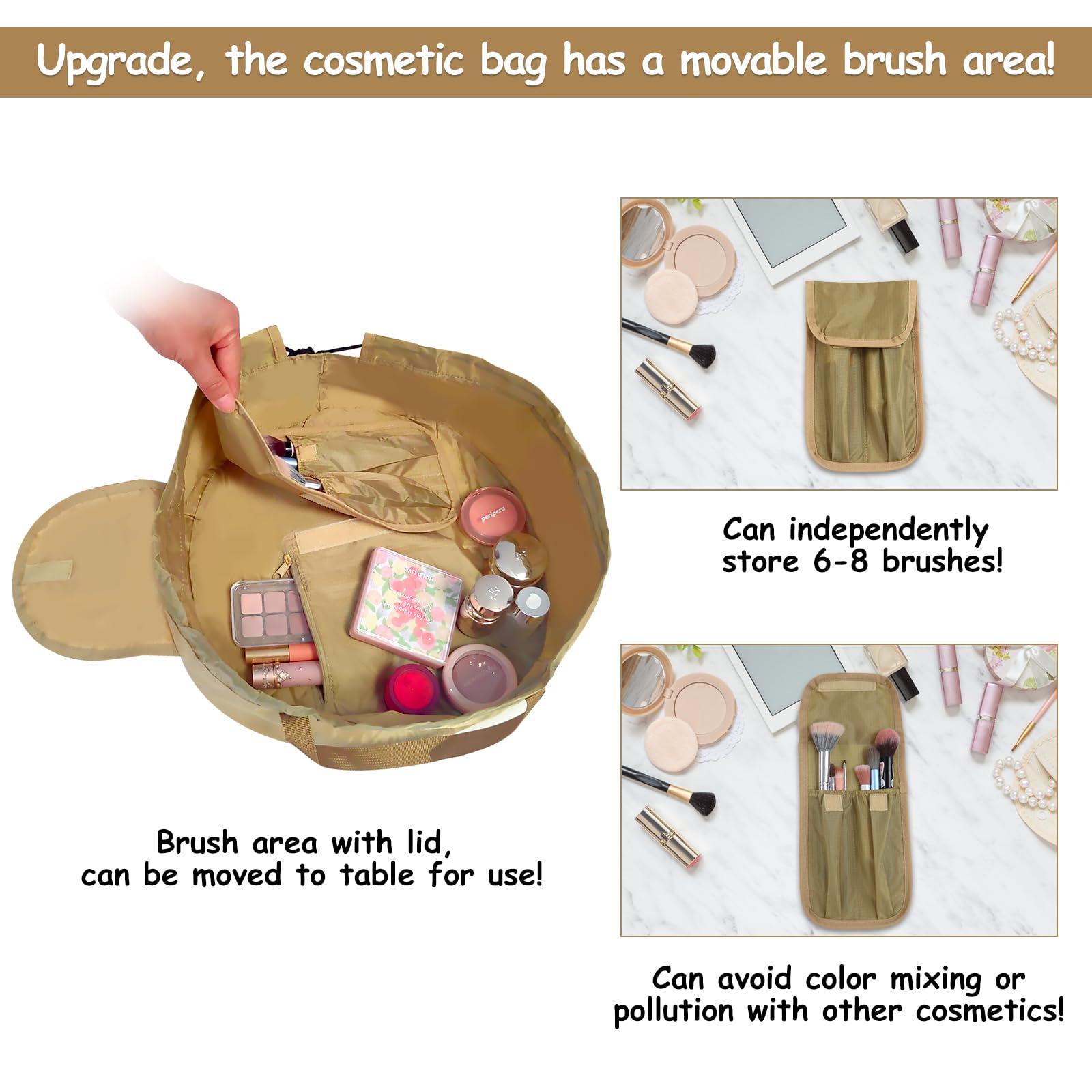 Drawstring Cosmetic Bag for Women - Barrel Drawstring Toiletry Cinch Makeup Bag for Travel with Brush Area (Khaki) - Image 3