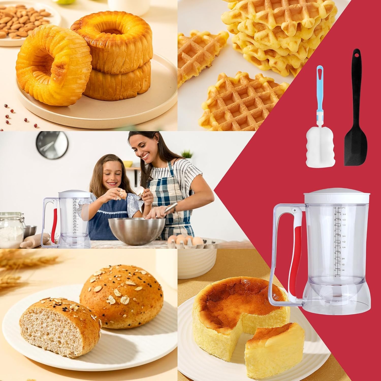 Dispensador de Masa 900ML Batter Dispenser con Mango de Resorte Diseño Transparente Dispensador de Masa con Escala para Muffins, Panqueques, Gofres