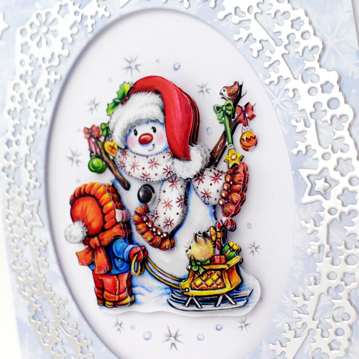 Katy Sue Snowmen Scenes Die Cut Decoupage Pack. 12 Pre-Cut Decoupage Paper Sheets for Christmas Card Making Supplies Featuring Images of Snowmen, Card Toppers, & Sentiments