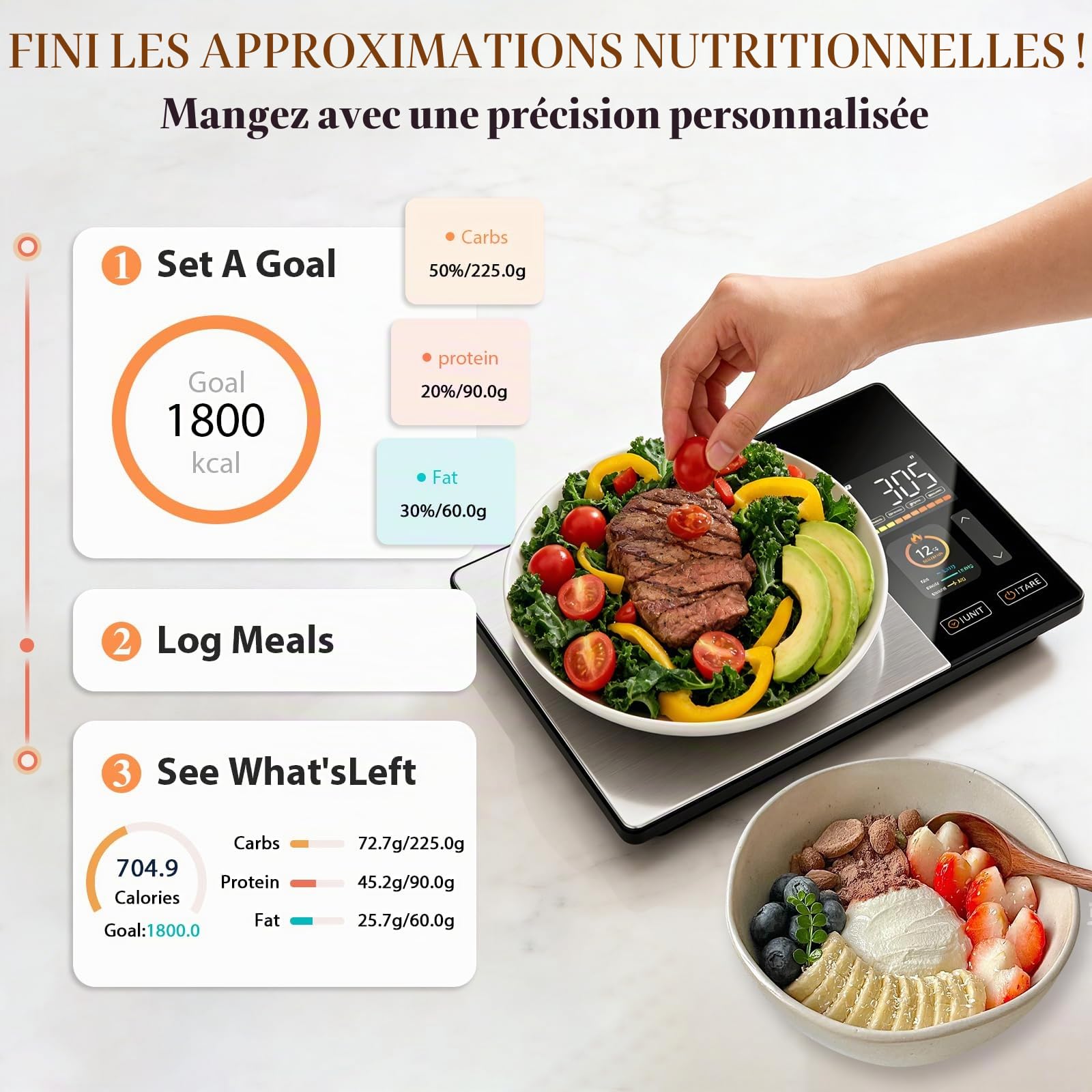 Balance de Cuisine Intelligente,Balance de Cuisine à Écran LED,Avec Calcul de La Valeur Nutritionnelle,écran Couleur TFT,Précision de 1g Avec Tare – pour Famille la Perte de Poids, la Remise