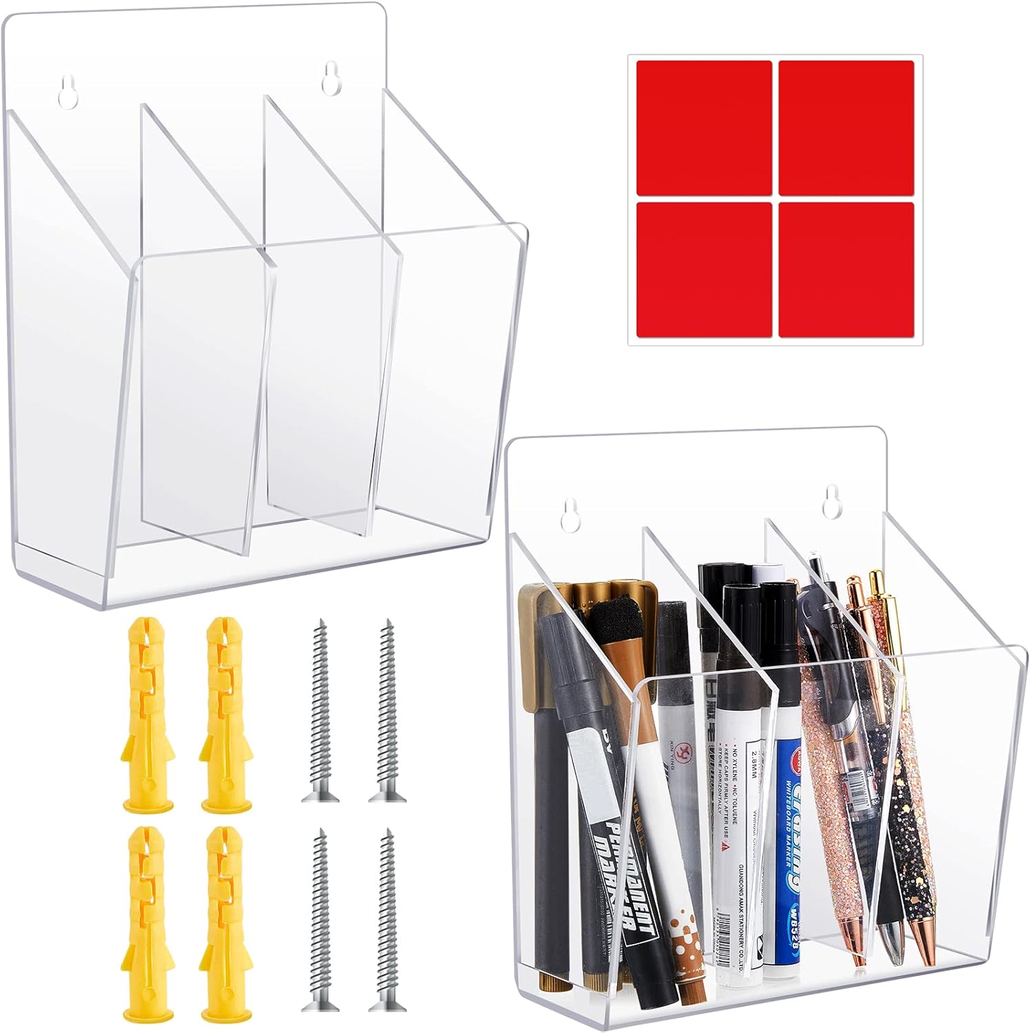 2 Pieces Wall Mounted Dry Erase Marker Organizer 3 Compartments Wall Mounted Marker