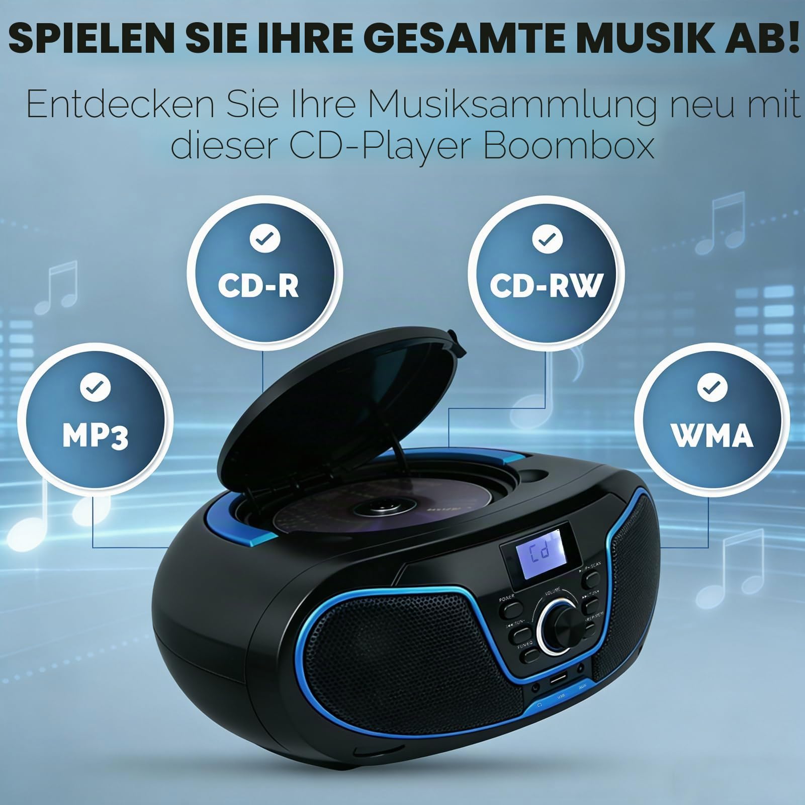 Tragbar CD Player Boombox Bluetooth - mit UKW Radio, USB Eingang & AUX & Kopfhörern Ports, Stereoanlage Music System (LP-D02)