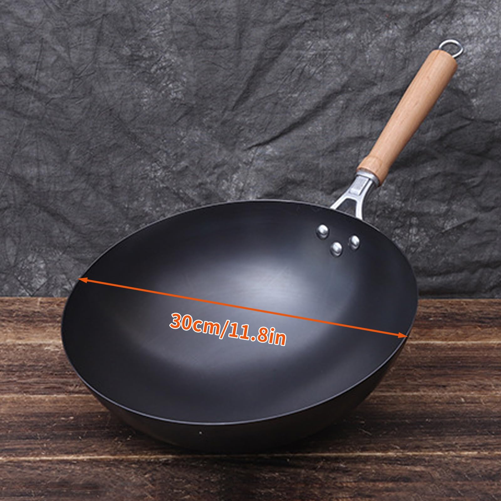 Wok in acciaio al carbonio martellato a mano, 30 cm, in acciaio al carbonio, per induzione, elettrico, gas, alogeno, tutti i fornelli