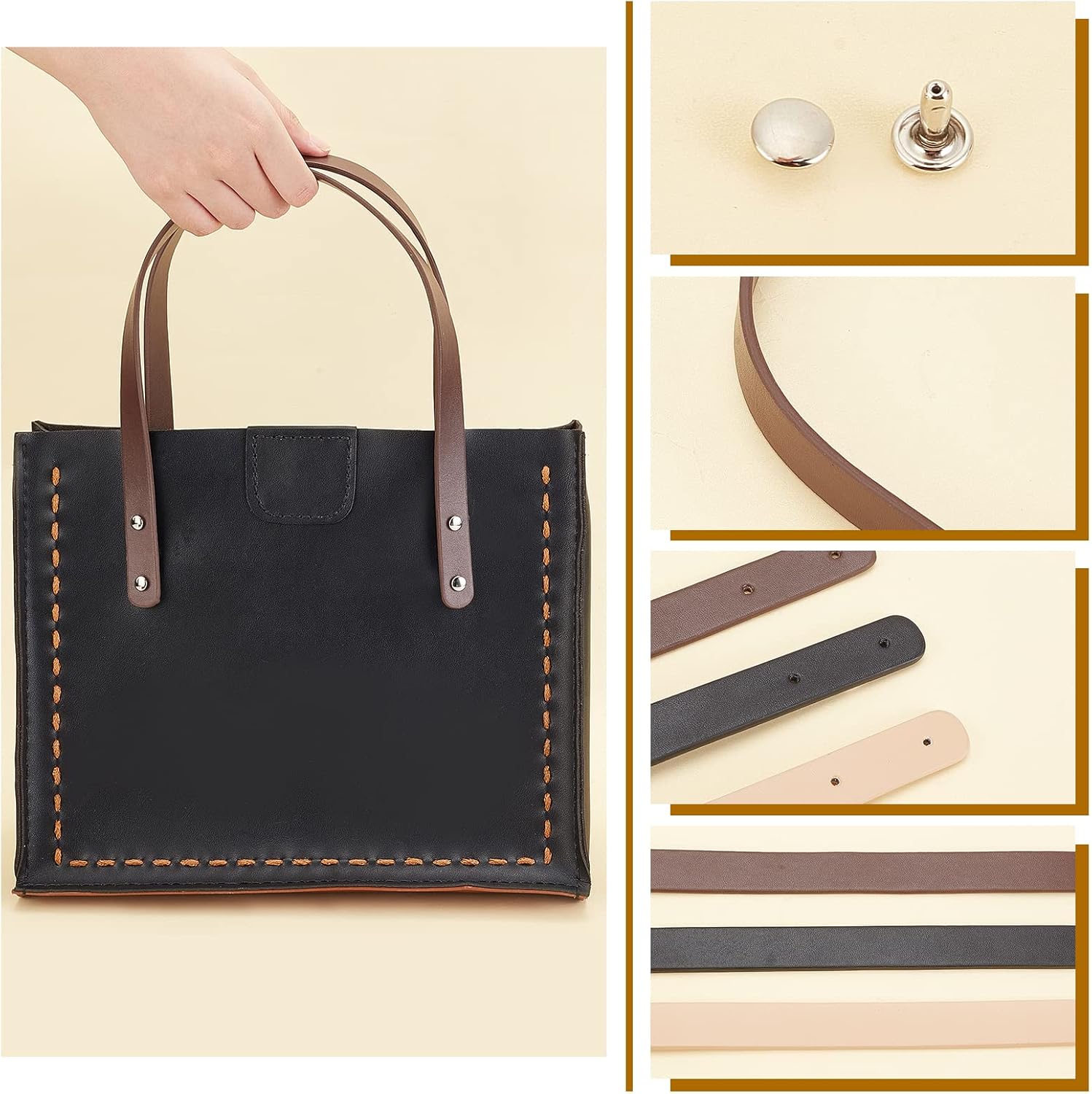 WADORN 3 Pairs PU Leather Purse Handle Straps, 21.5 Inch Short Handbag Handles Replacement Tote Bag Handle Strap with Iron Rivets for DIY Handmade Bag Purse Making Accessories, 3 Colors
