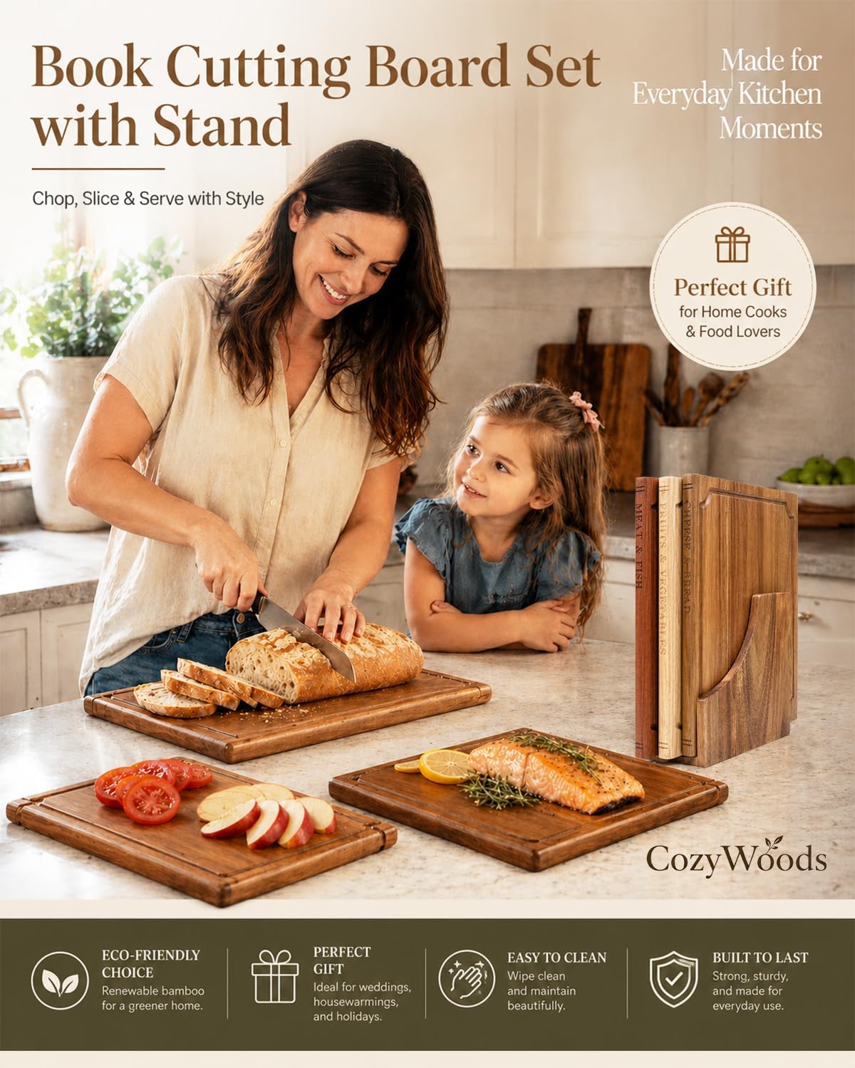 Book Cutting Board Set with Stand,3-Piece Real Hardwood Kitchen Boards