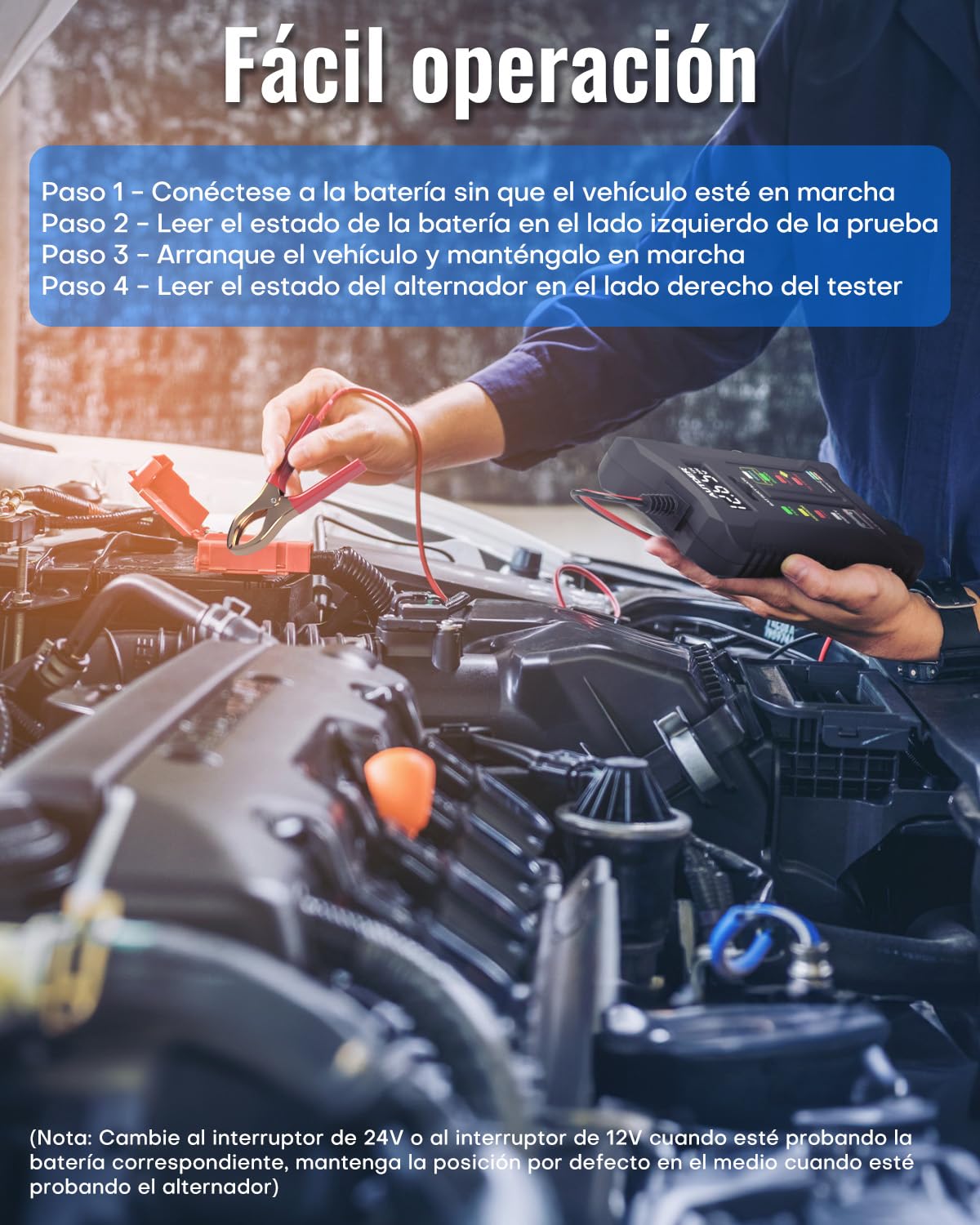 AUTDER Tester de Batería Digital, Volímetro 12V/24V para Baterías de Coche y Moto, Analizador del Sistema de Carga del Alternador con Pantalla LCD e Indicadores LED, Dos Modos de Prueba