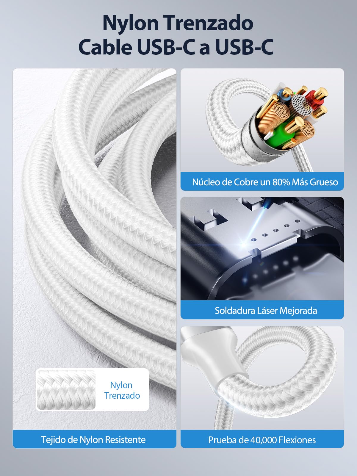 Aioneus Cable USB C Carga Rápida 100W, 2M Cable USB C 5A QC de USB C a USB C Cable Trenzado Nylon Tipo C Cargador para iPhone 17 16 15 Pro Max, Samsung S25 S24 Ultra, iPad Pro, MacBook, Pixel etc