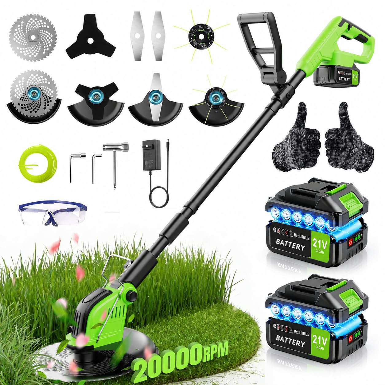 20,000RPM Cordless Strimmer, 800W Brushless Battery Strimmer, 12" 4-in-1 Grass Trimmer Lawn Edger Mini Lawn Mower Foldable, 21V, 2×3.0Ah Batteries Power Display