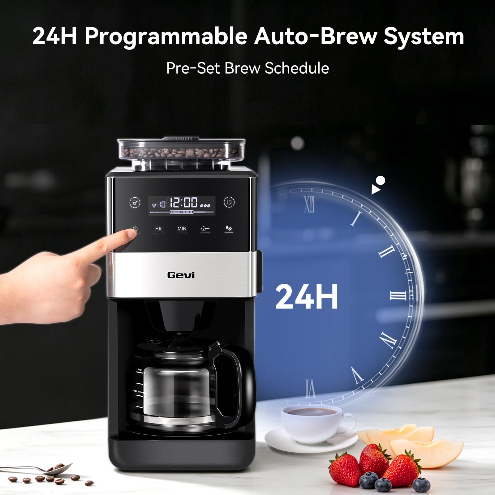 Gevi 10-Cup Grind & Brew Coffee Maker, Touch Screen, Programmable Brew | All-In-One 10-Cup Coffee Maker With Built-In Grinder & Glass Carafe, 90-Min Warm Plate, Reusable Filter, 1.5L Tank