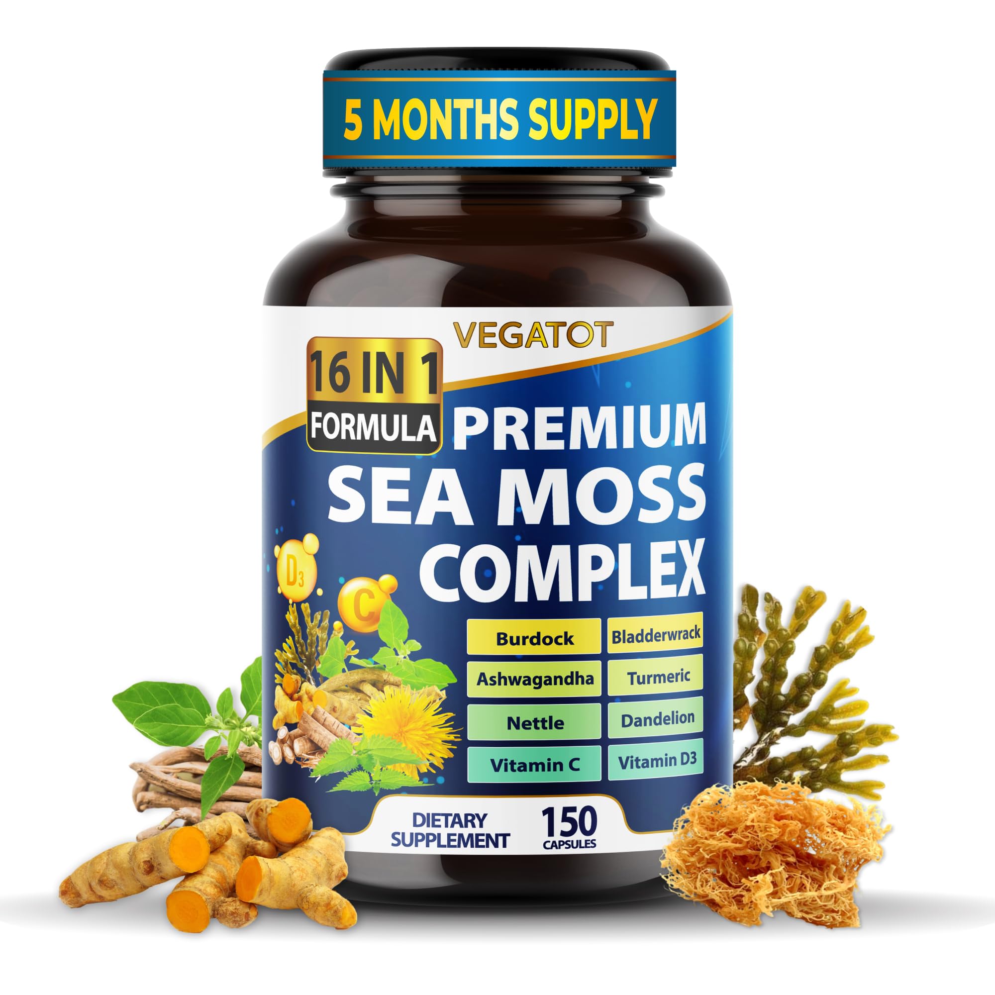 Organic Sea Moss with Bladderwrack, Burdock, Ashwagandha, and Turmeric - Immunity Booster for Healthy Aging, Skin & Joint Support (150 Count (Pack of 1))
