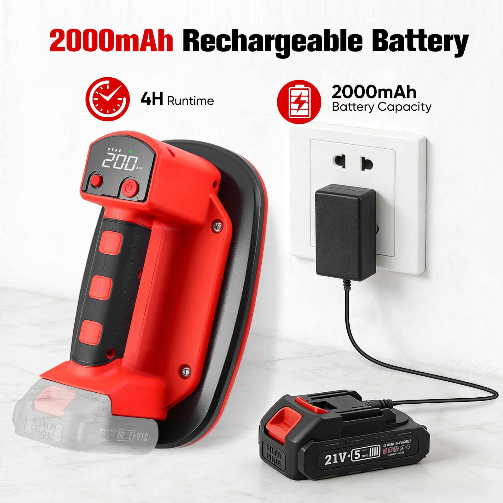Elevador de ventosa a batería con capacidad de elevación de 200 kg, pantalla LCD y batería de 2000 mAh. La ventosa es apta para azulejos, vidrio, mármol, ventanas y espejos. Cargador incluido.
