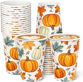 Thanksgiving Disposable Paper Cups 30 Pack, Pumpkin Maple Leaves Paper Cups, Fall Drinking Cups for Hot and Cold Beverages 12 Ounce, Thanksgiving Dinner Autumn Harvest Fall Party Supplies