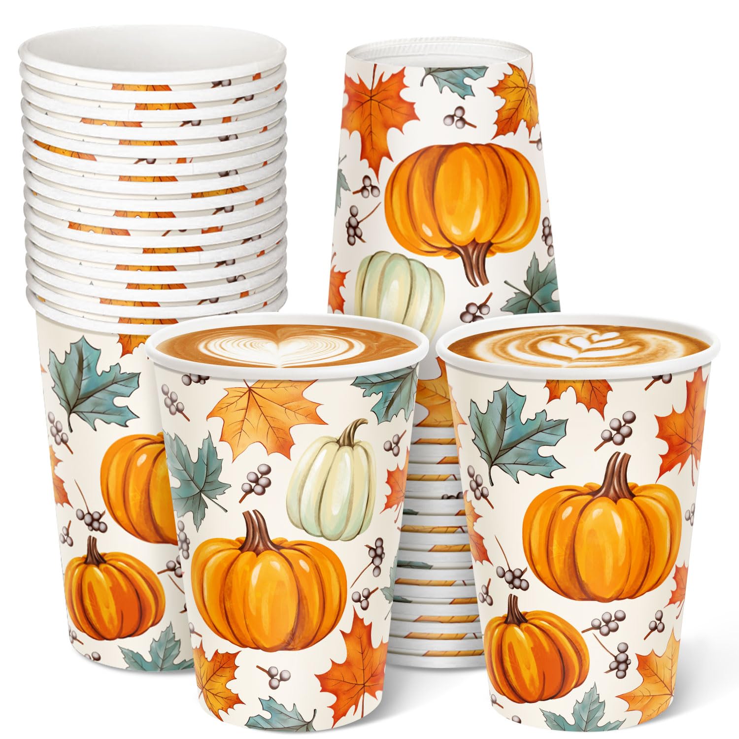 Sionoiur Thanksgiving Disposable Paper Cups 30 Pack, Pumpkin Maple Leaves Paper Cups, Fall Drinking Cups for Hot and Cold Beverages 12 Ounce,
