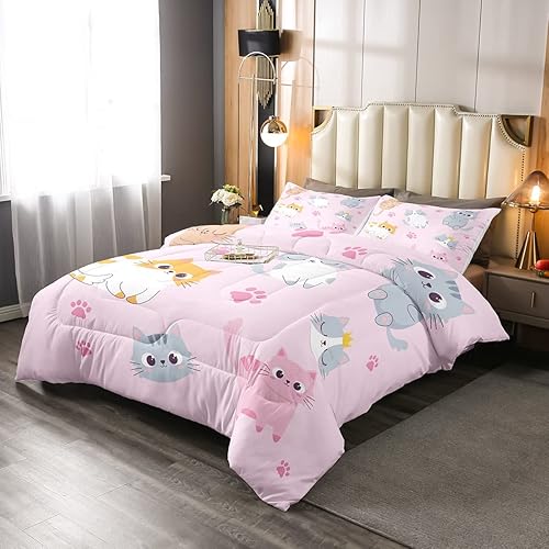 Miniatura 4 de Erosebridal Juego de edredón para niños, tamaño individual, lindo juego de ropa de cama de gatos coloridos para niñas, decoración de habitación